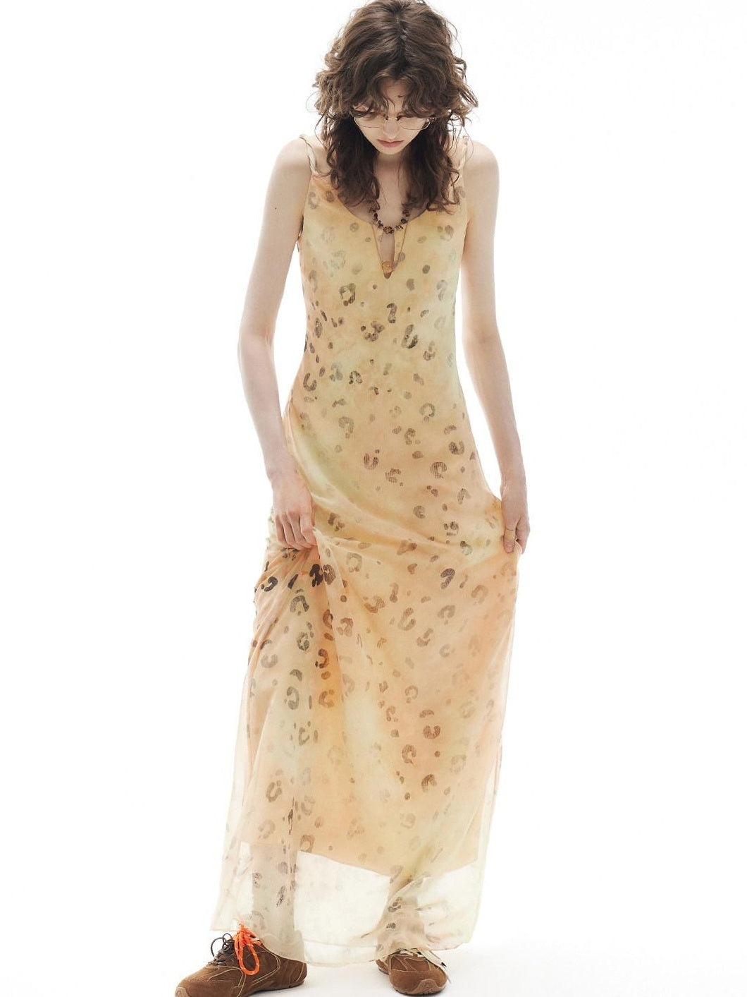 OuttheBlue Elegant Fitted Waist Spaghetti Strap V-neck A Line Almond Print Maxi Dresses