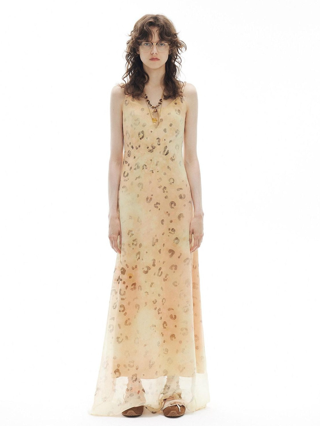 OuttheBlue Elegant Fitted Waist Spaghetti Strap V-neck A Line Almond Print Maxi Dresses