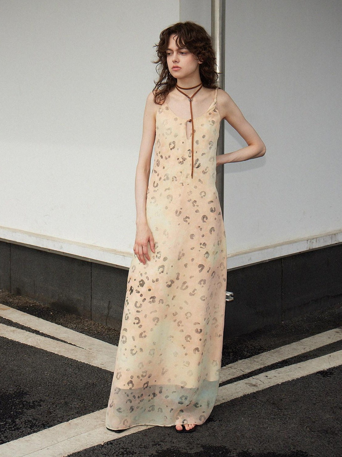 OuttheBlue Elegant Fitted Waist Spaghetti Strap V-neck A Line Almond Print Maxi Dresses