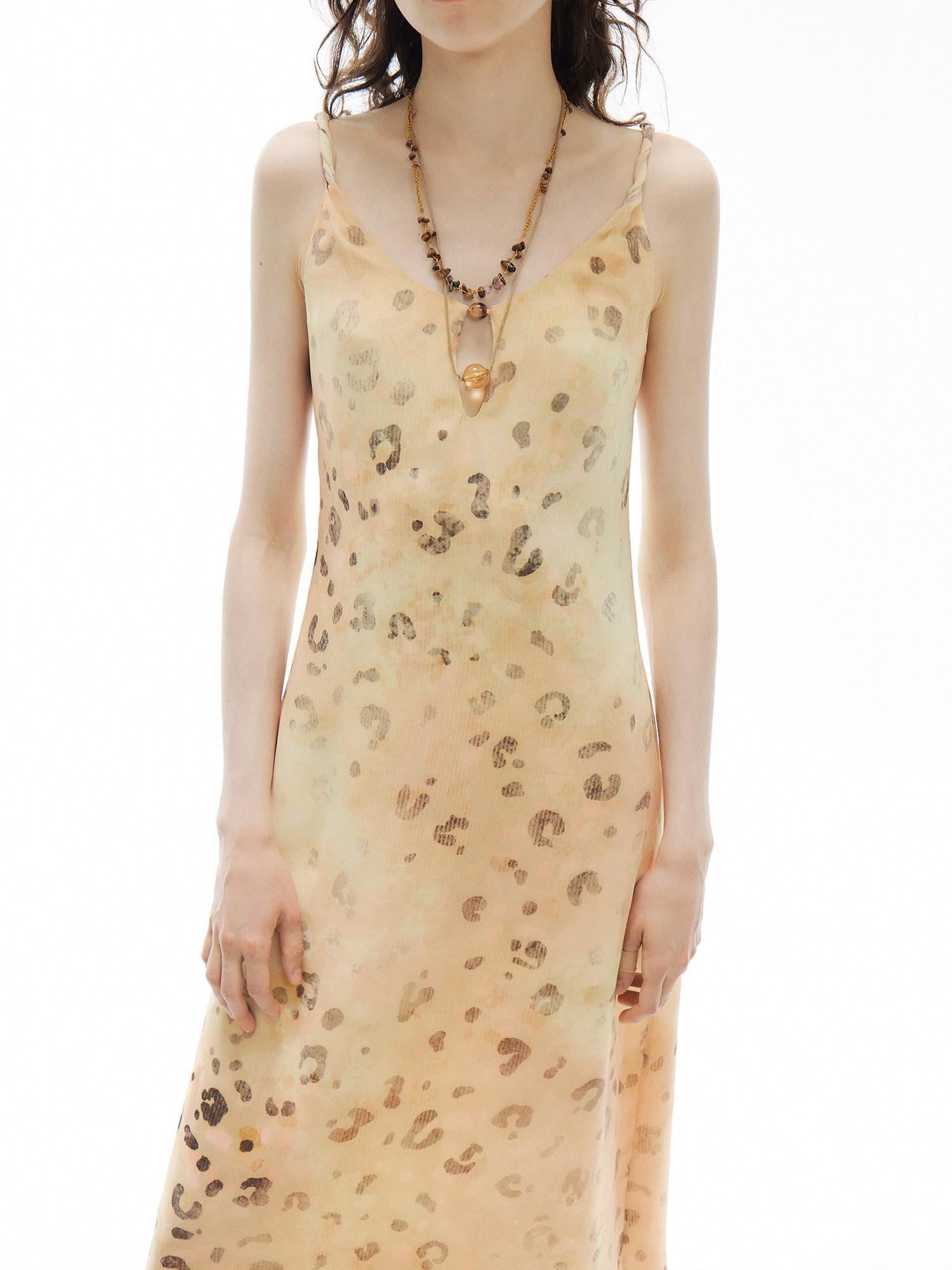 OuttheBlue Elegant Fitted Waist Spaghetti Strap V-neck A Line Almond Print Maxi Dresses
