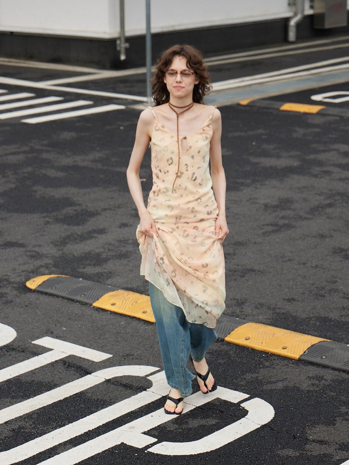 OuttheBlue Elegant Fitted Waist Spaghetti Strap V-neck A Line Almond Print Maxi Dresses