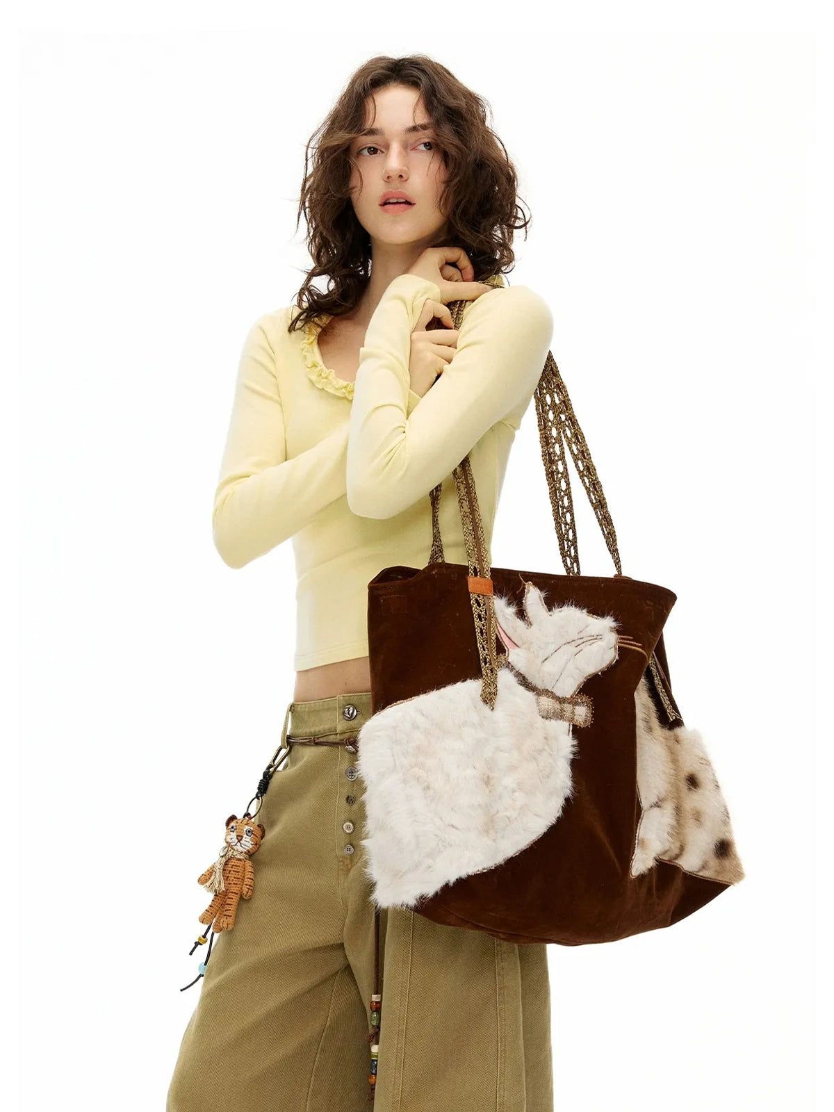 OuttheBlue Embroidered Faux Fur Tote Bag