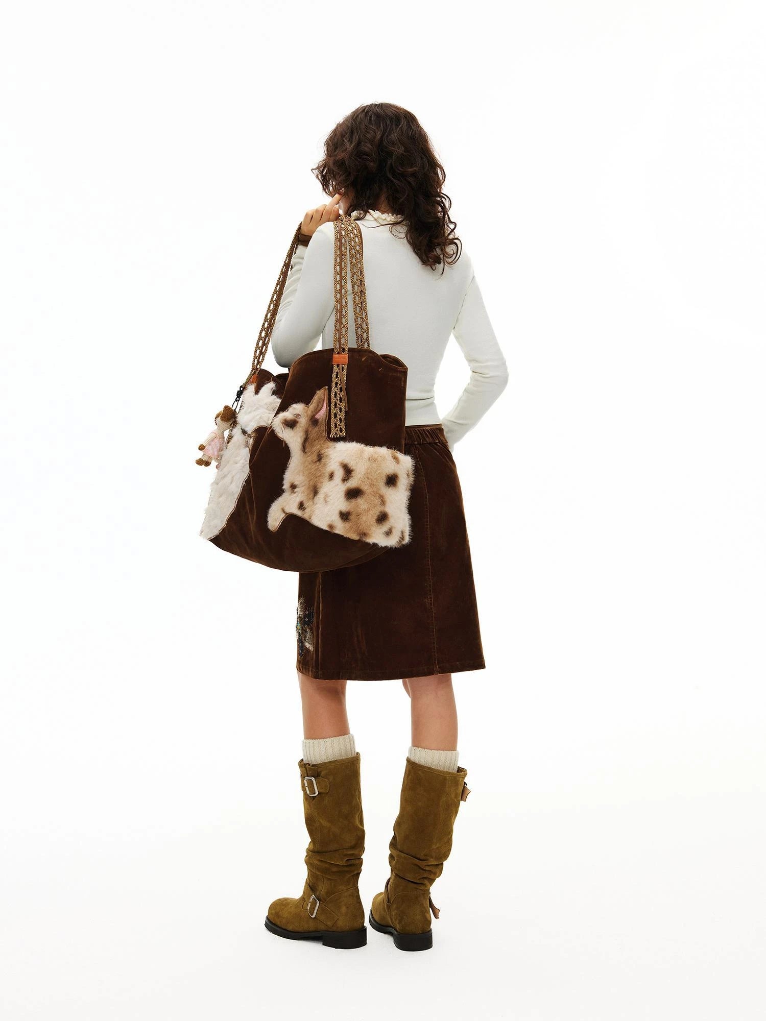 OuttheBlue Embroidered Faux Fur Tote Bag