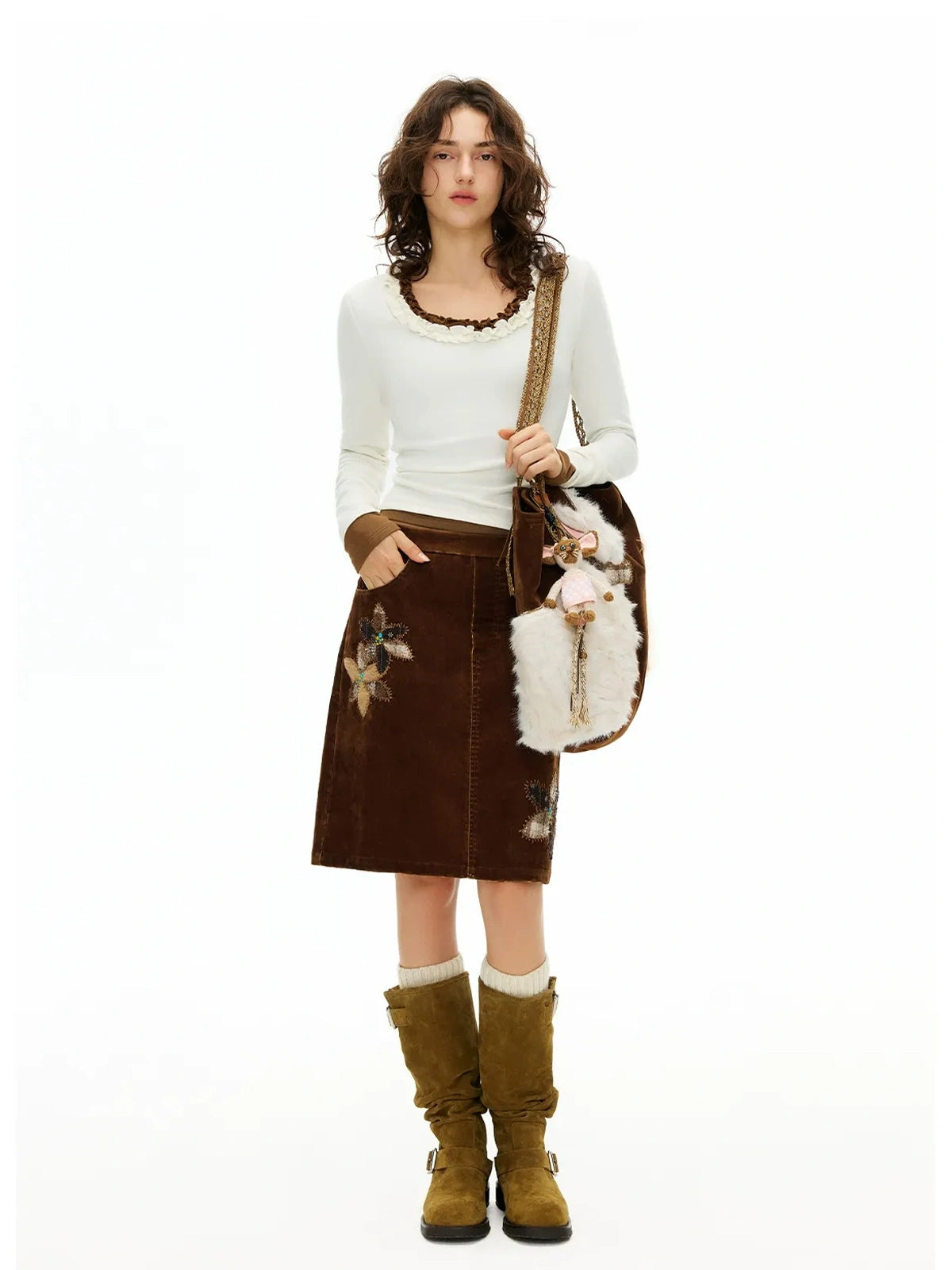 OuttheBlue Embroidered Faux Fur Tote Bag