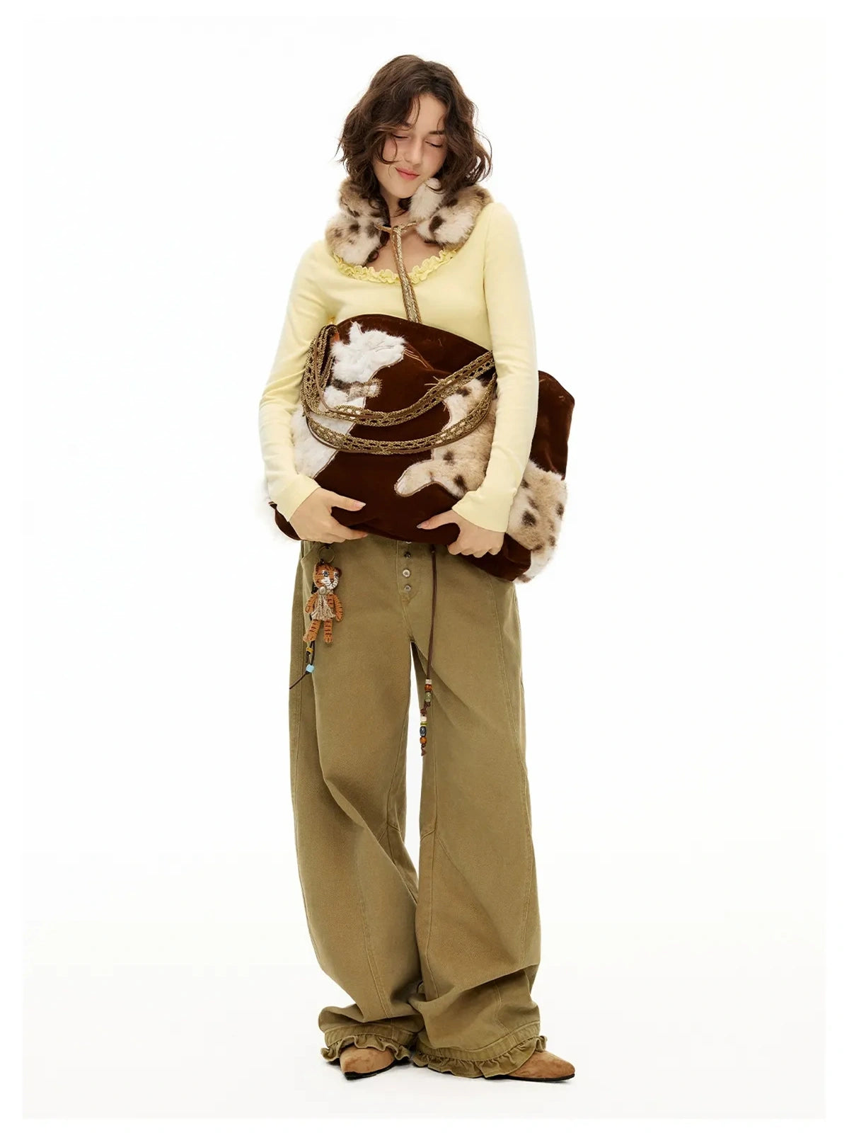 OuttheBlue Embroidered Faux Fur Tote Bag