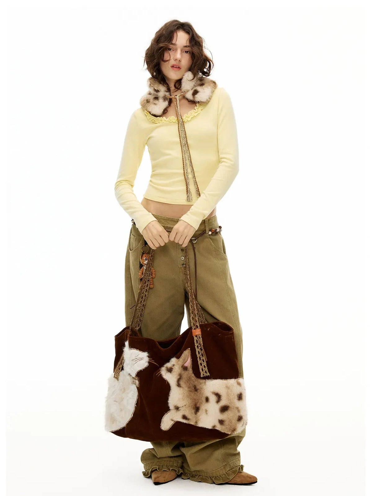 OuttheBlue Embroidered Faux Fur Tote Bag