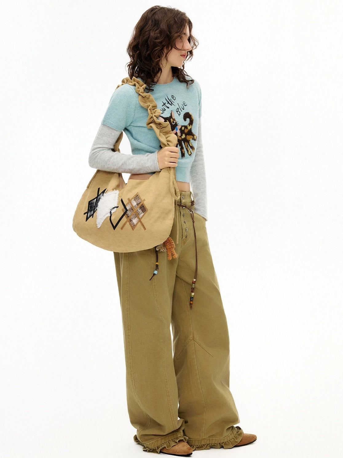 OuttheBlue Embroidered Geometric Canvas Dumpling Shoulder Crossbody Youth Light Brown Bag
