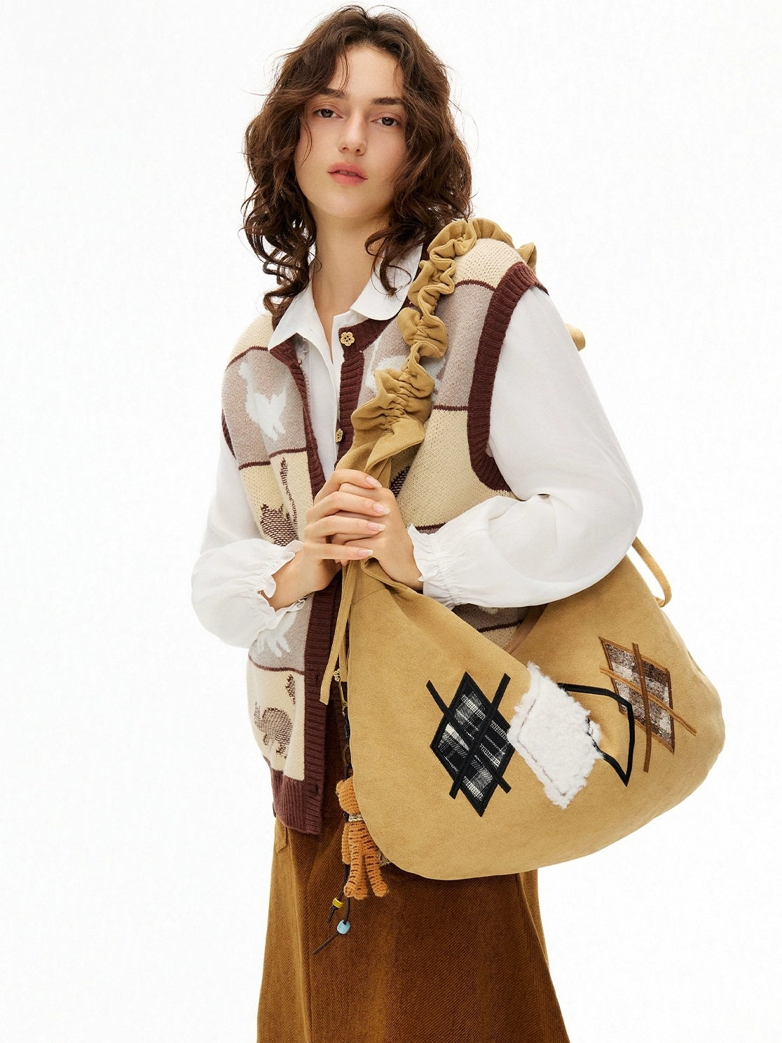 OuttheBlue Embroidered Geometric Canvas Dumpling Shoulder Crossbody Youth Light Brown Bag