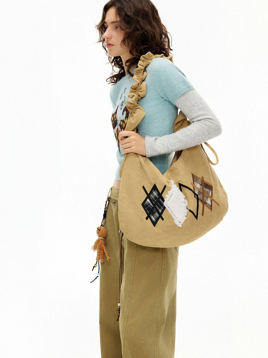 OuttheBlue Embroidered Geometric Canvas Dumpling Shoulder Crossbody Youth Light Brown Bag