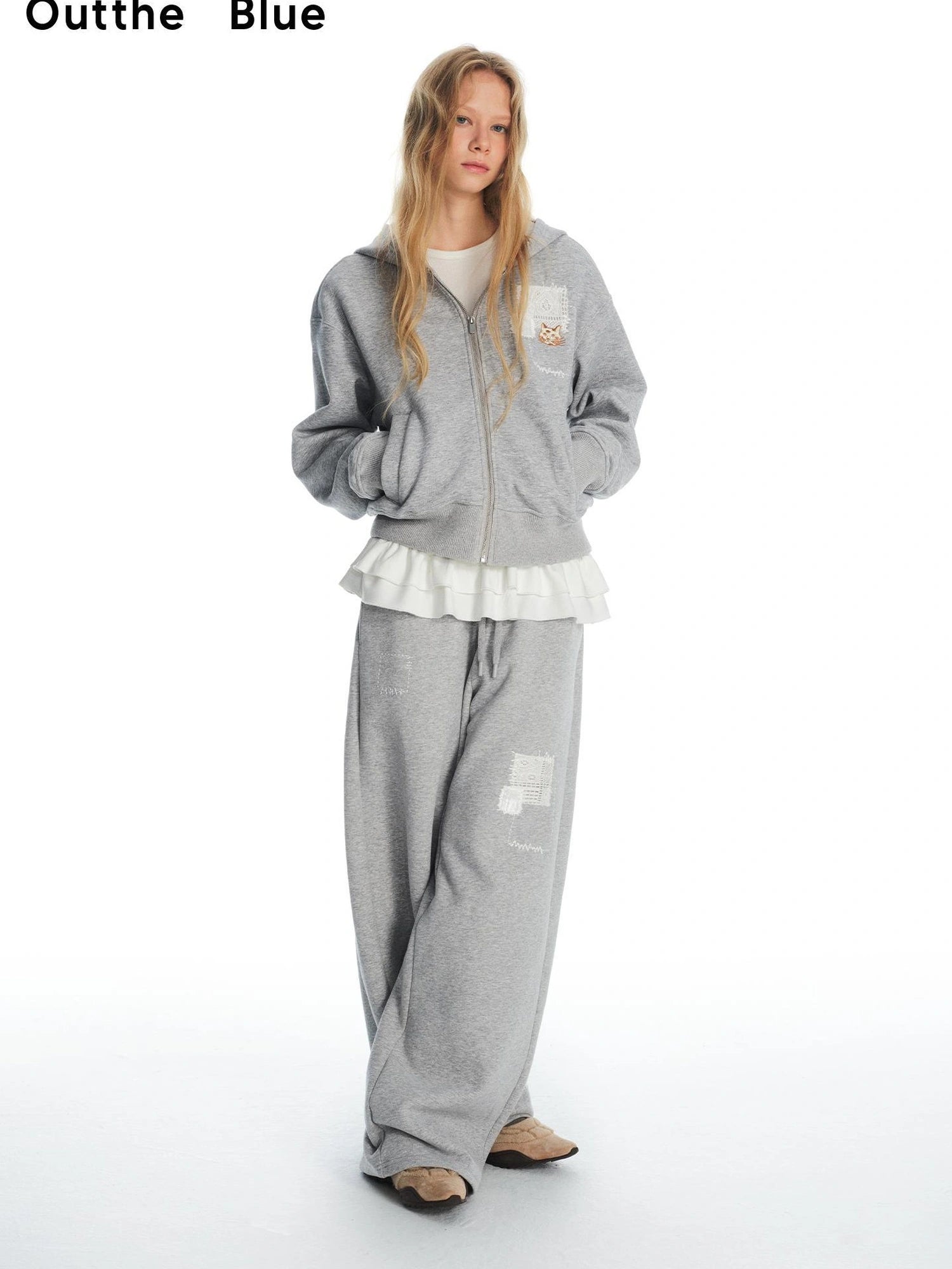 OuttheBlue Embroidered Lace Cat Hooded Fleece Sweater Set