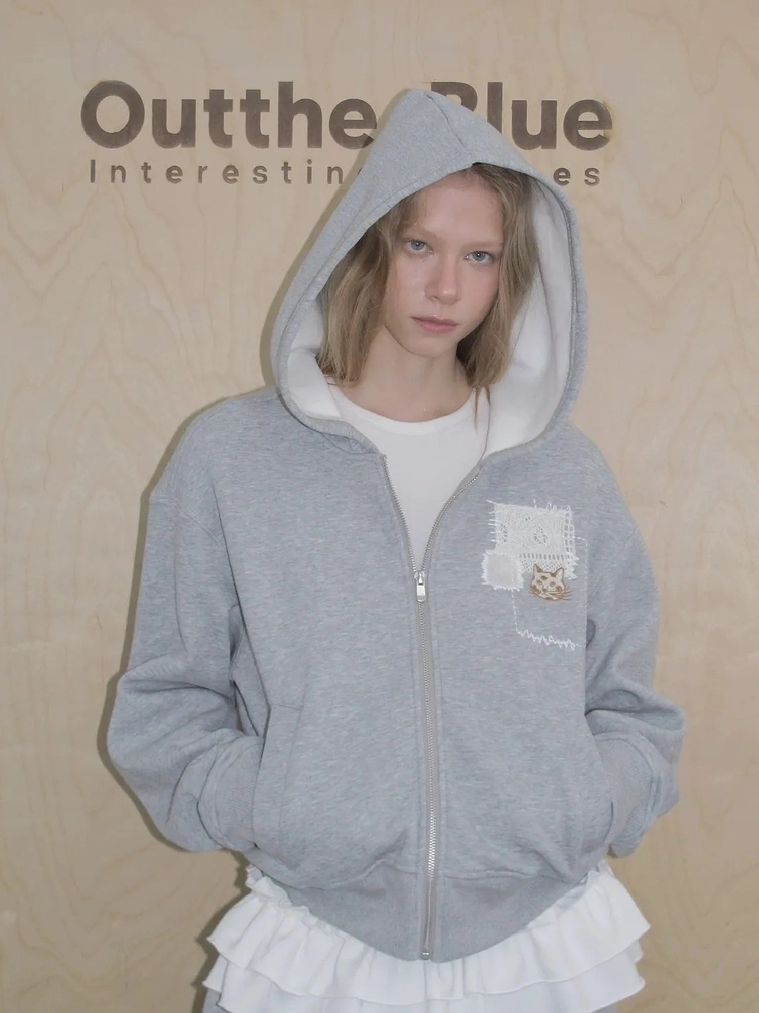 OuttheBlue Embroidered Lace Cat Hooded Fleece Sweater Set