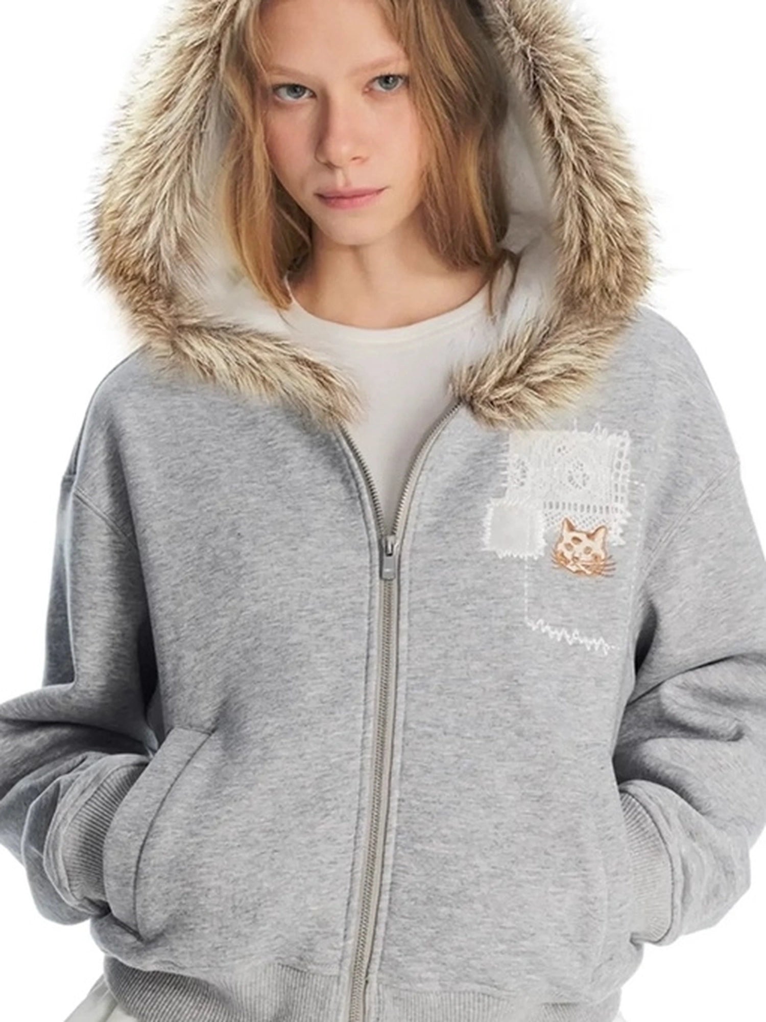 OuttheBlue Embroidered Lace Cat Hooded Fleece Sweater Set
