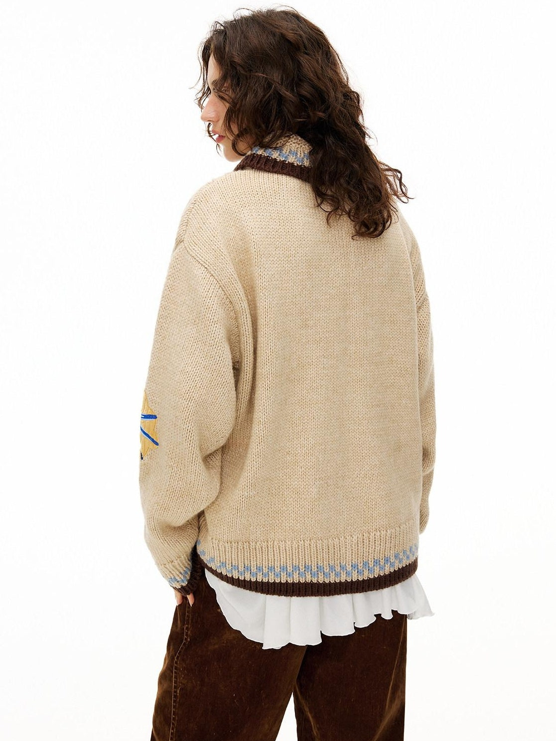 OuttheBlue Embroidered Loose Knit Zip Up Stand Collar Workwear Light Camel Animal Cardigans