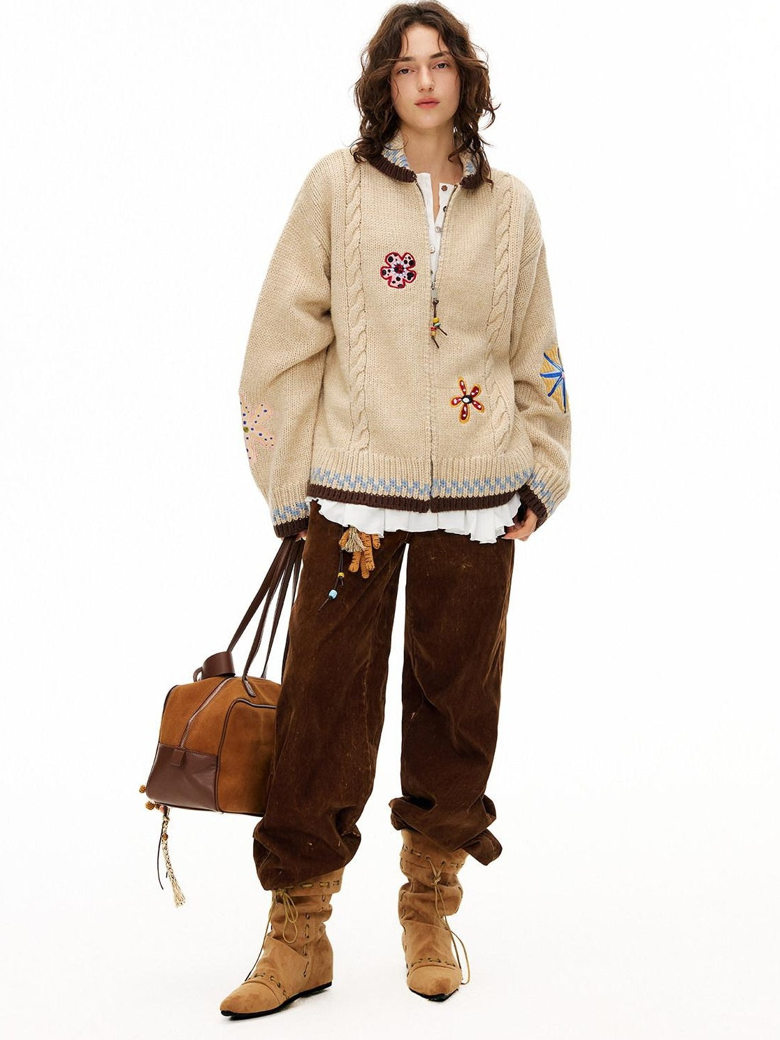 OuttheBlue Embroidered Loose Knit Zip Up Stand Collar Workwear Light Camel Animal Cardigans