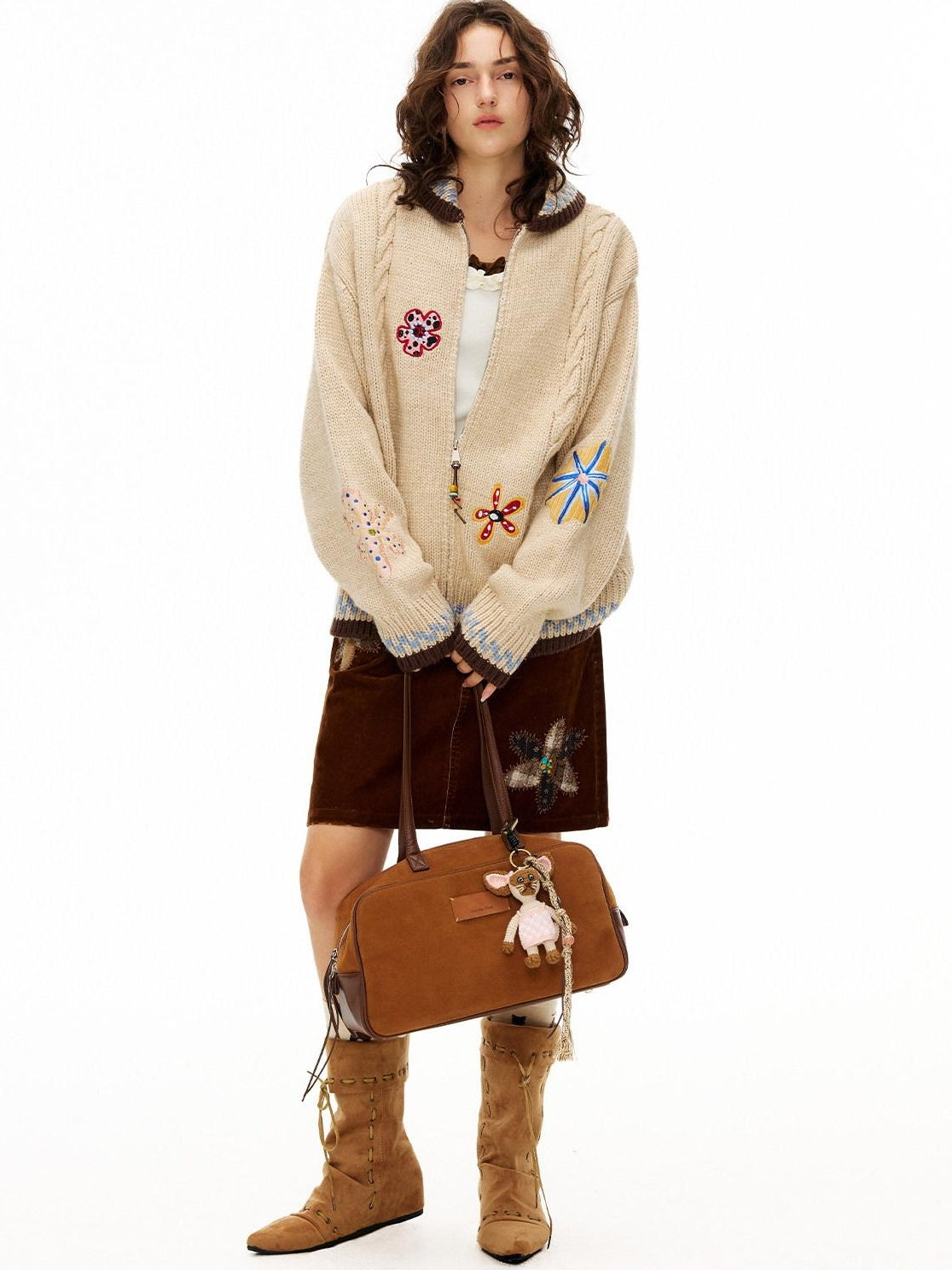 OuttheBlue Embroidered Loose Knit Zip Up Stand Collar Workwear Light Camel Animal Cardigans