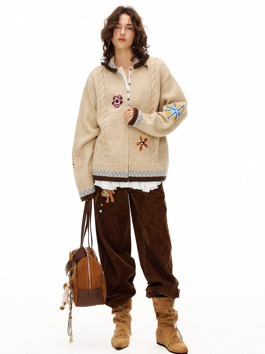 OuttheBlue Embroidered Loose Knit Zip Up Stand Collar Workwear Light Camel Animal Cardigans