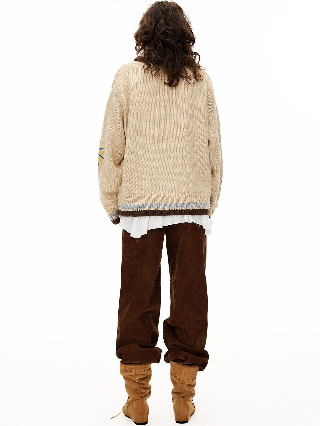 OuttheBlue Embroidered Loose Knit Zip Up Stand Collar Workwear Light Camel Animal Cardigans