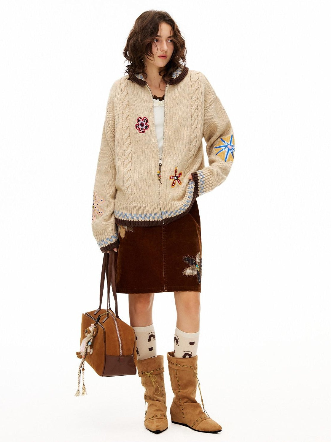 OuttheBlue Embroidered Loose Knit Zip Up Stand Collar Workwear Light Camel Animal Cardigans