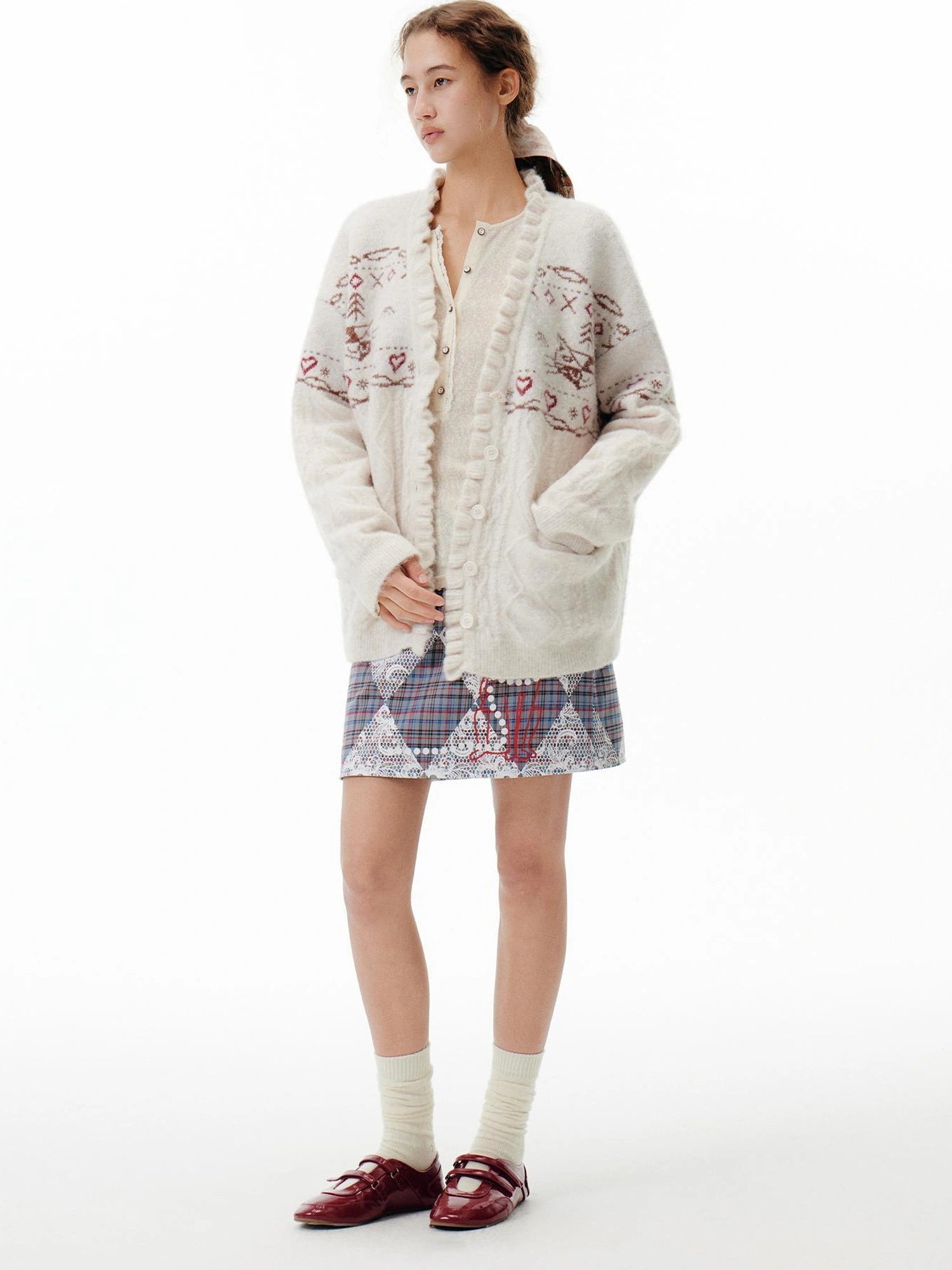OuttheBlue Fair Isle Cable Lace Cardigan V-neck T-shirt Long Sleeve