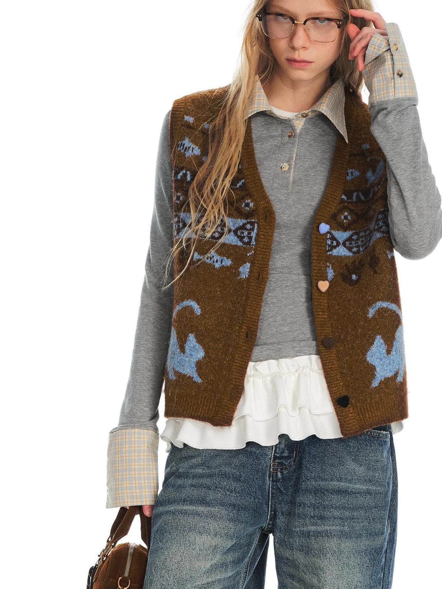 OuttheBlue Fair Isle Knit Cat Vest V-neck T-shirt Long Sleeve