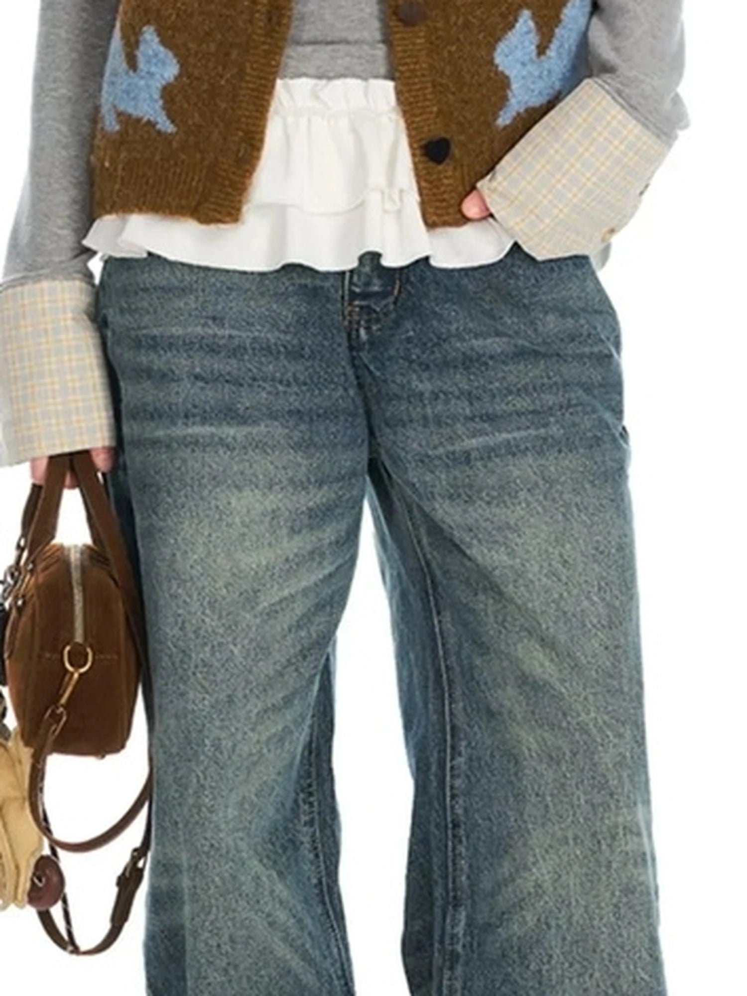 OuttheBlue Fair Isle Knit Cat Vest V-neck T-shirt Long Sleeve