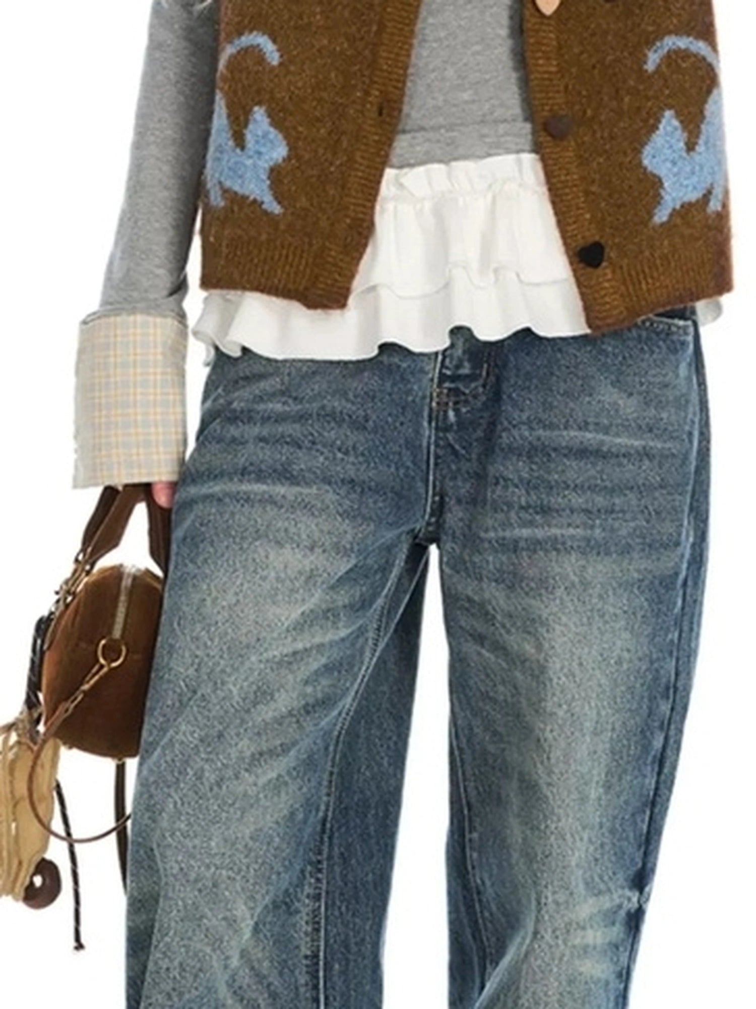 OuttheBlue Fair Isle Knit Cat Vest V-neck T-shirt Long Sleeve