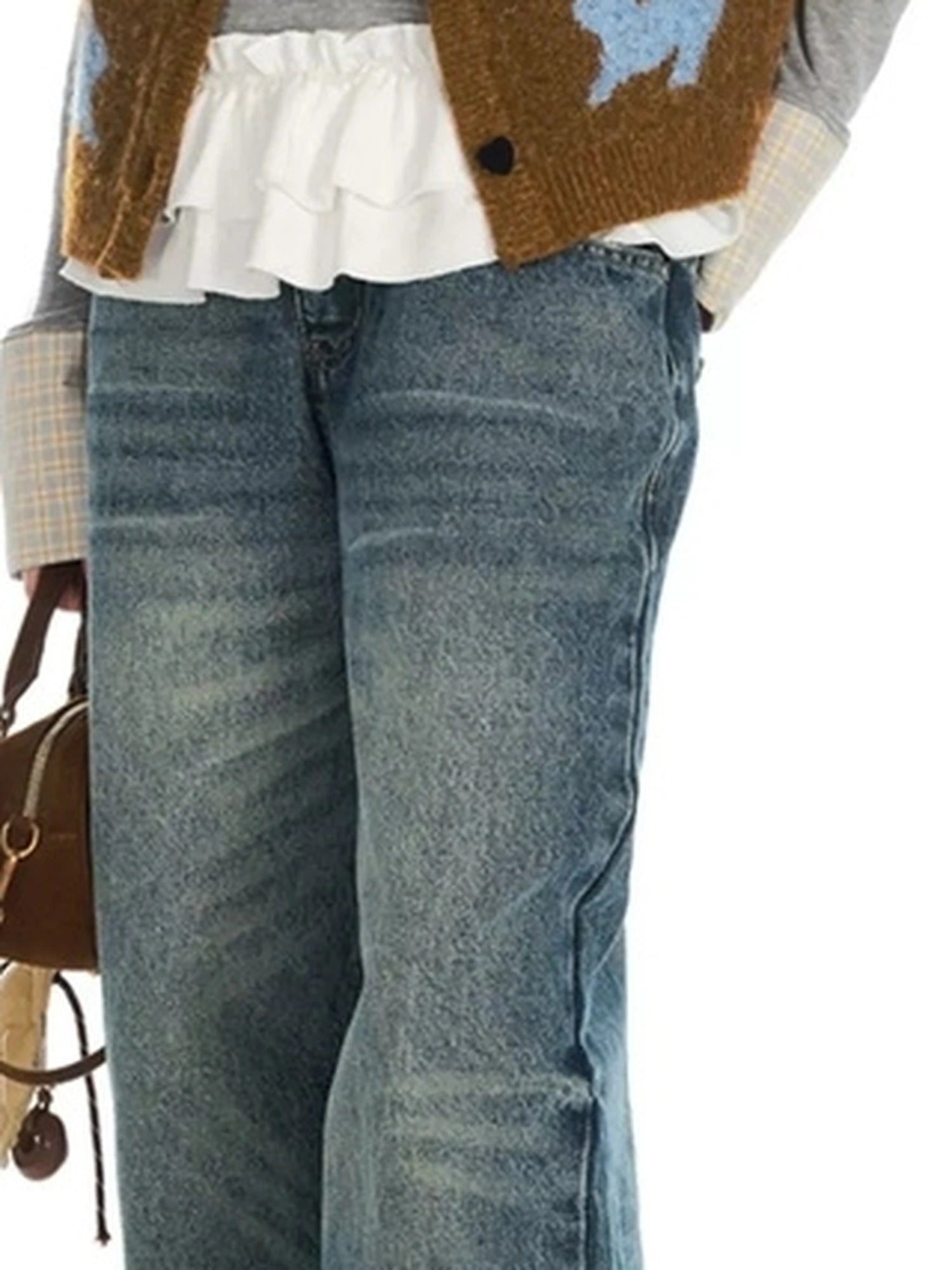 OuttheBlue Fair Isle Knit Cat Vest V-neck T-shirt Long Sleeve