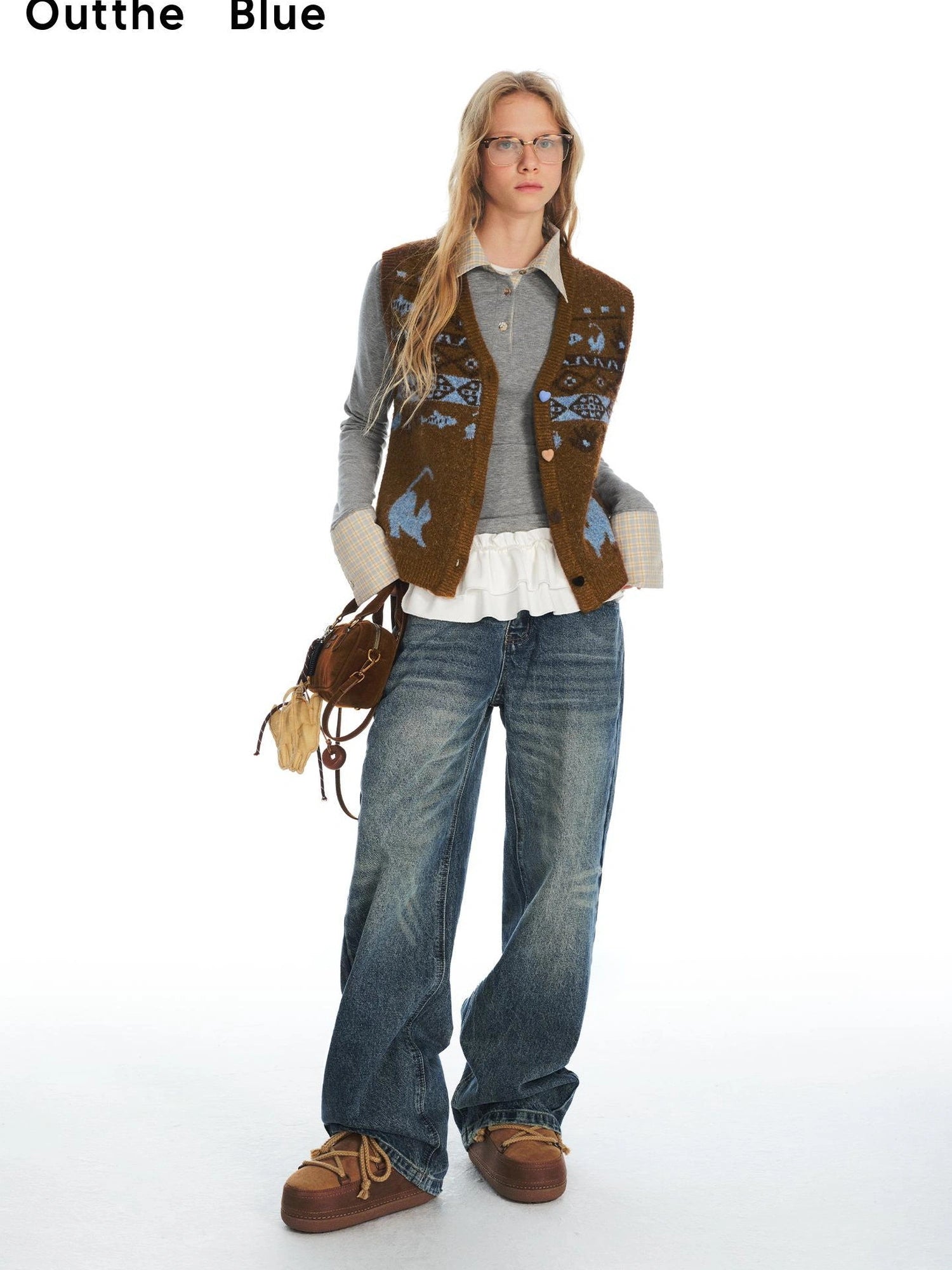 OuttheBlue Fair Isle Knit Cat Vest V-neck T-shirt Long Sleeve