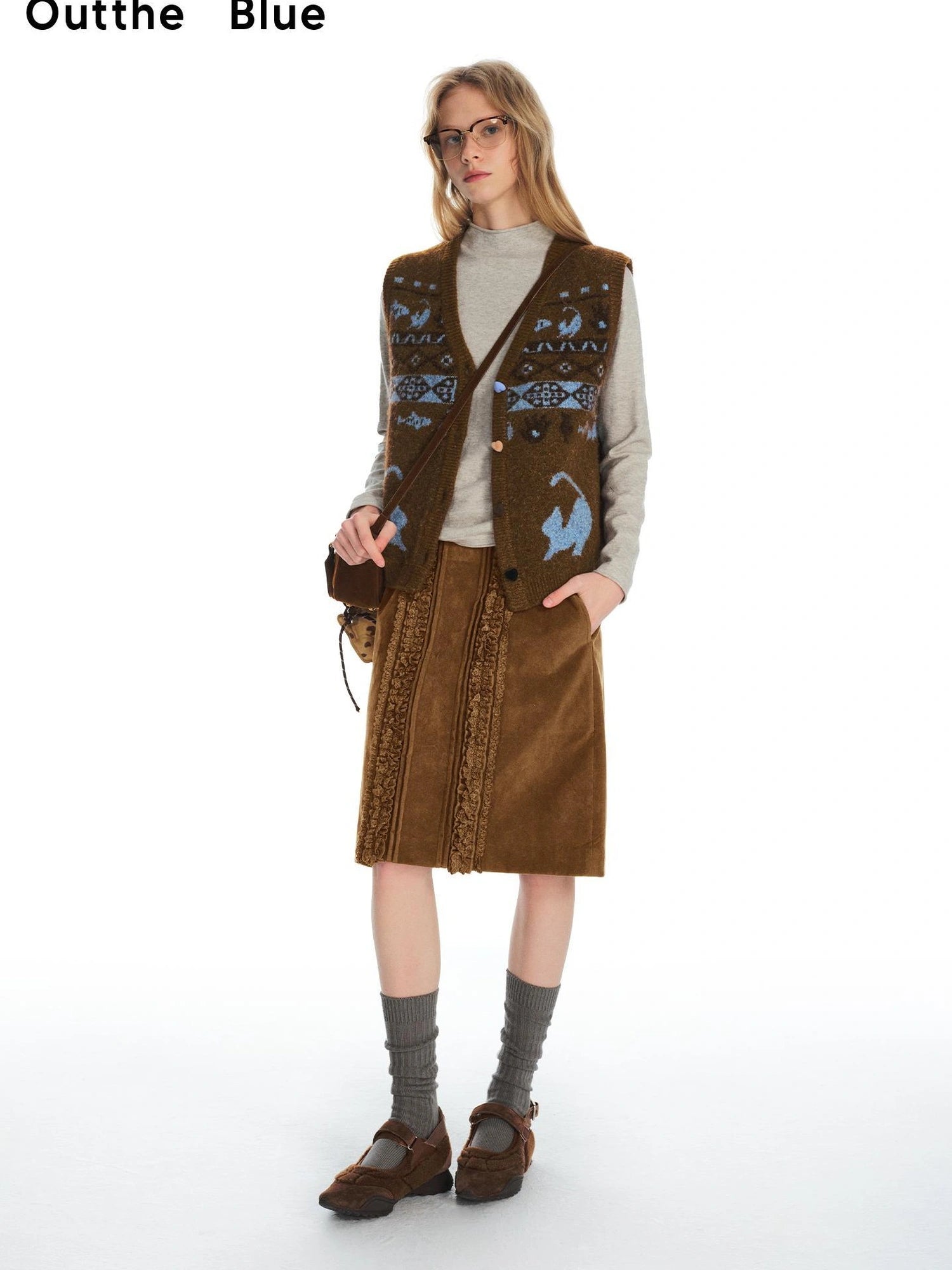 OuttheBlue Fair Isle Knit Cat Vest V-neck T-shirt Long Sleeve