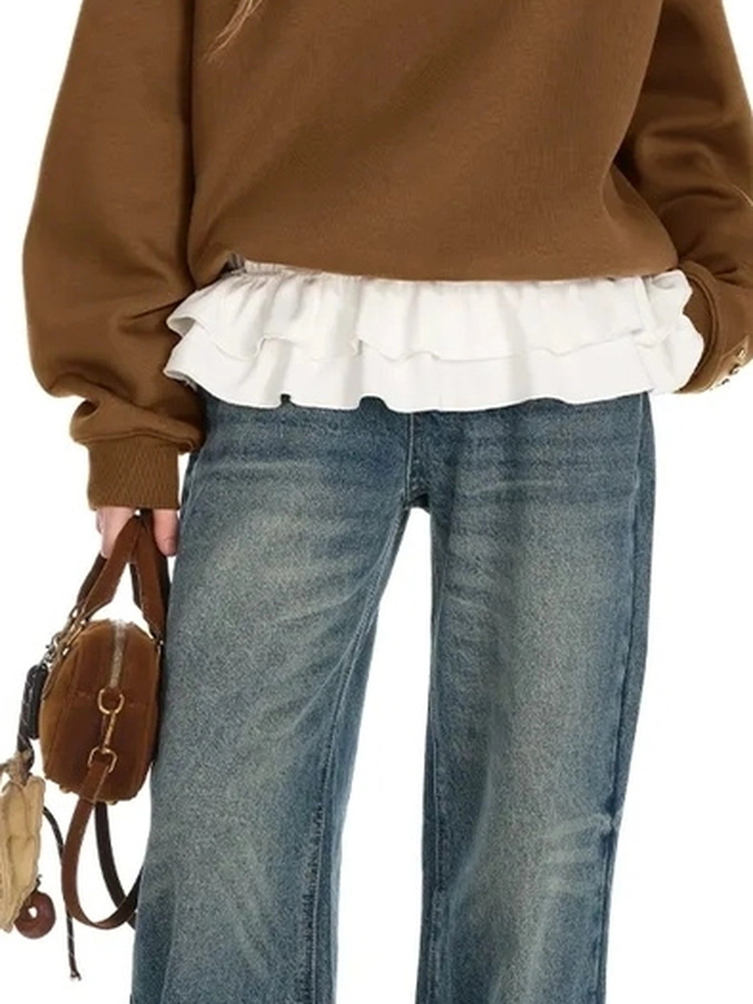 OuttheBlue Flared Hem Crochet Detail Slim Fit Long Sleeve V-neck Top