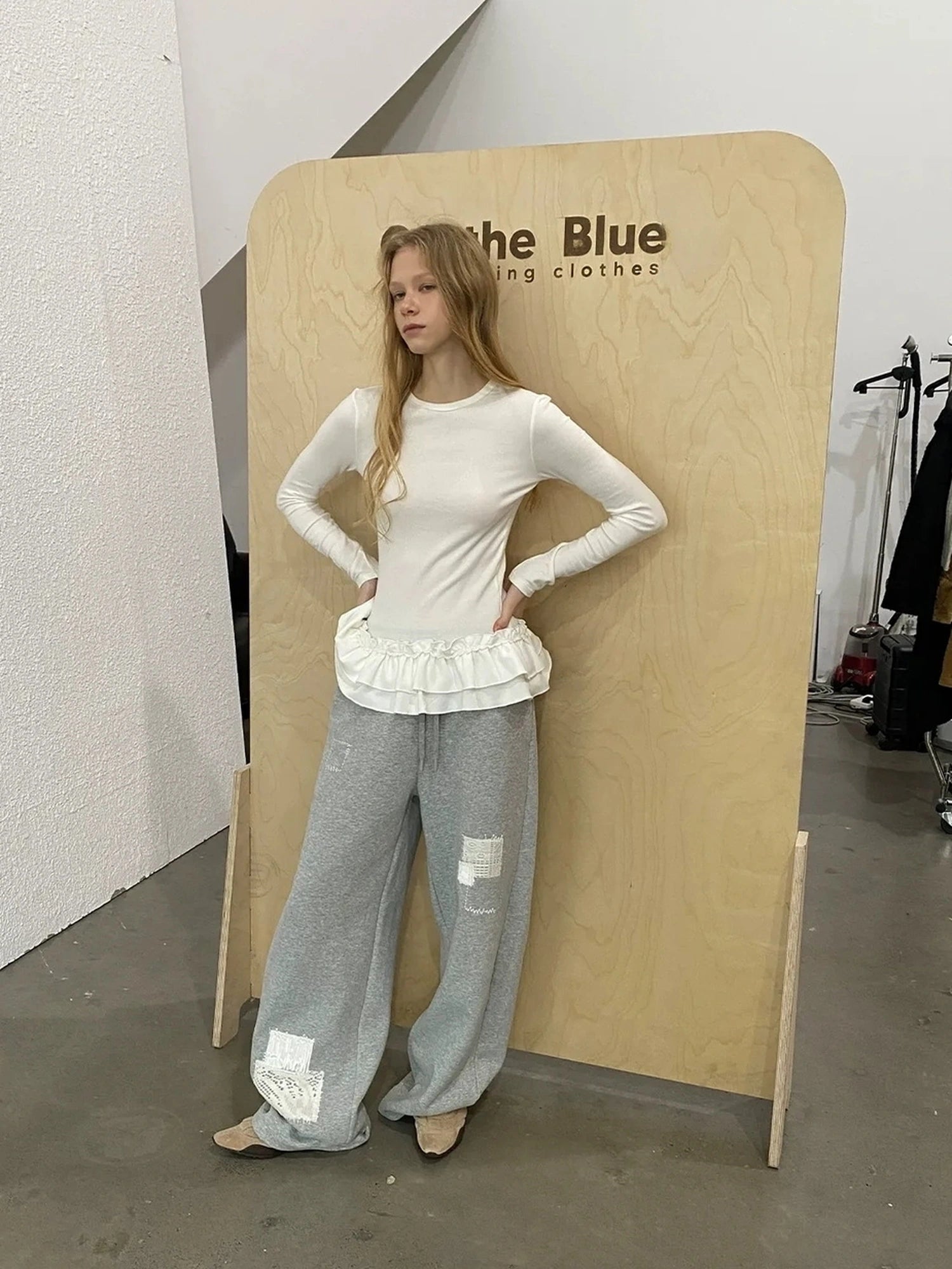 OuttheBlue Flared Hem Crochet Detail Slim Fit Long Sleeve V-neck Top