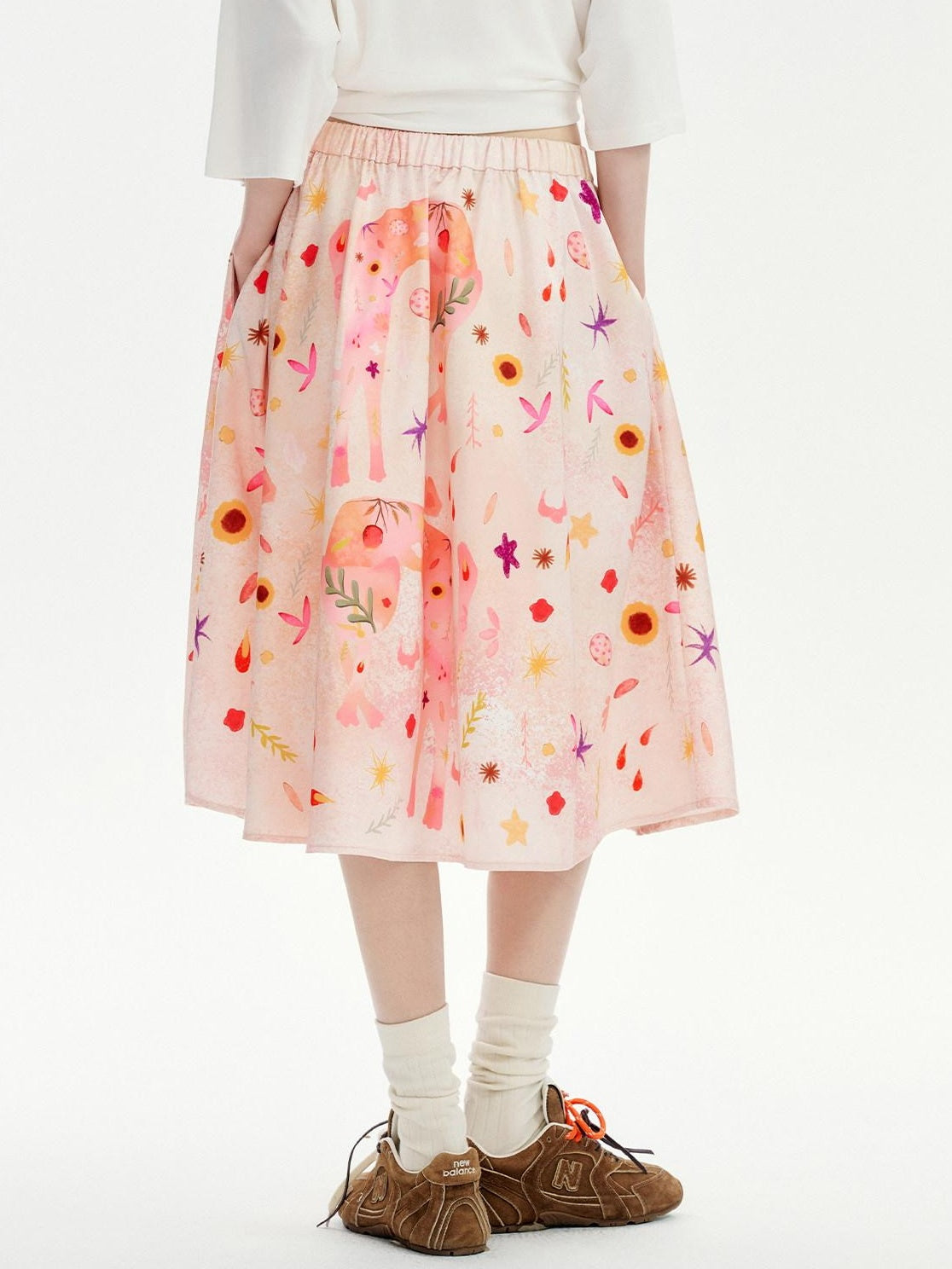 OuttheBlue Flattering Mid Waist Sweet Aline Casual Floral Pink Orange Polyester Midi Skirts