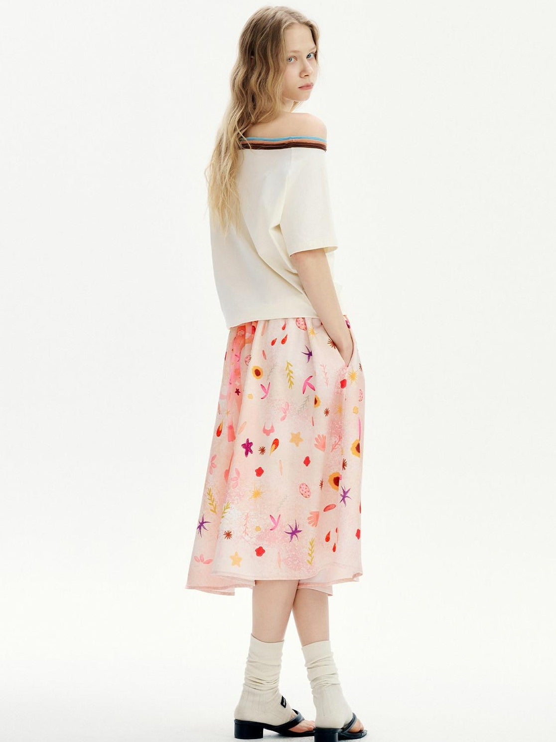 OuttheBlue Flattering Mid Waist Sweet Aline Casual Floral Pink Orange Polyester Midi Skirts