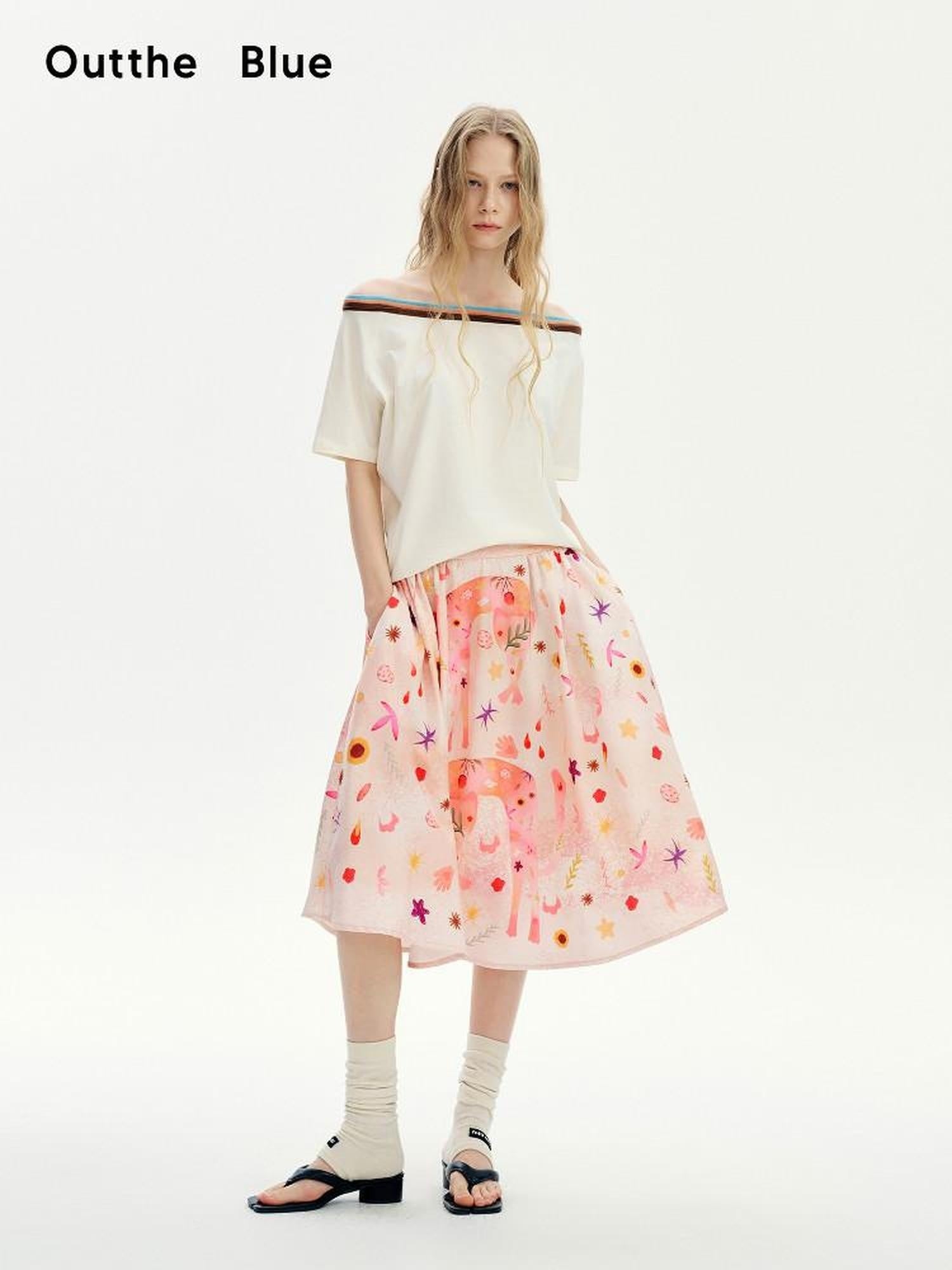 OuttheBlue Flattering Mid Waist Sweet Aline Casual Floral Pink Orange Polyester Midi Skirts