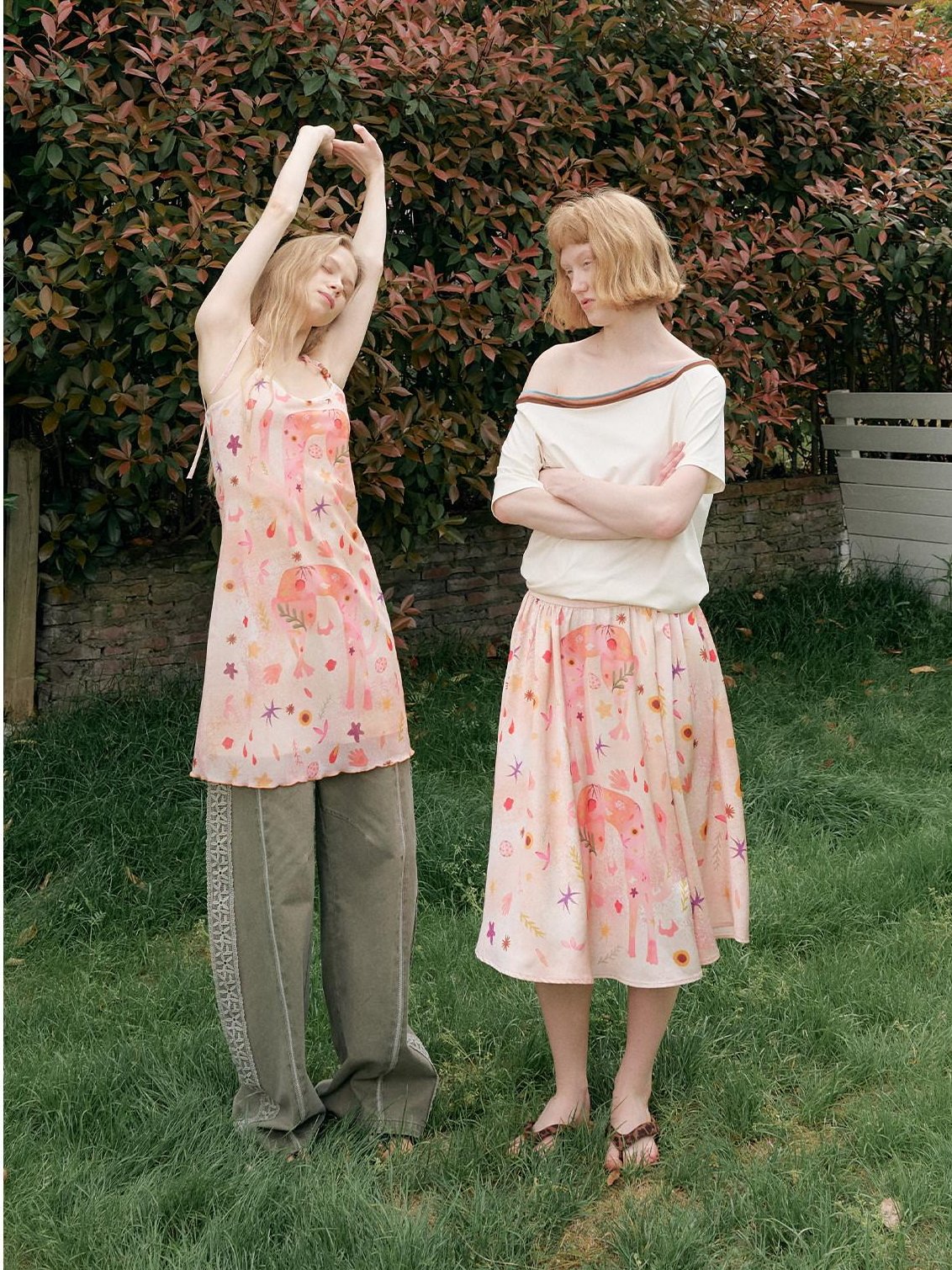 OuttheBlue Flattering Mid Waist Sweet Aline Casual Floral Pink Orange Polyester Midi Skirts