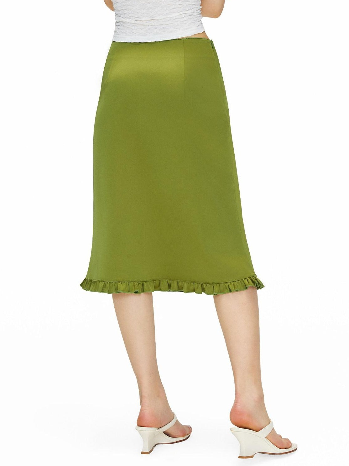 OuttheBlue Flattering Ruffle Print A Line Mid Waist Women Olive Green Polyester Midi Skirts