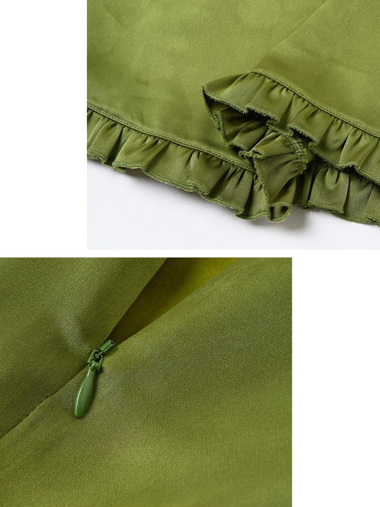 OuttheBlue Flattering Ruffle Print A Line Mid Waist Women Olive Green Polyester Midi Skirts