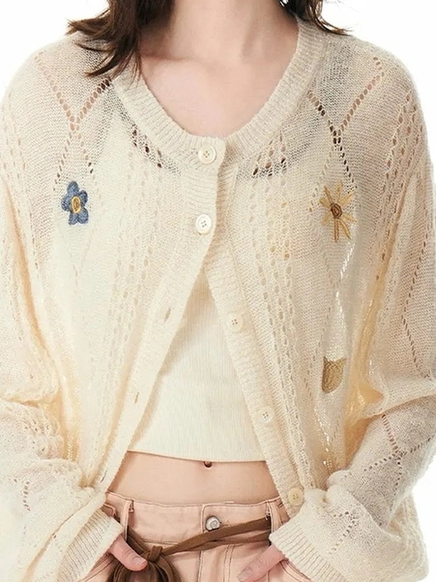 OuttheBlue Floral Embroidered Wool Cardigan V-neck Long Sleeve