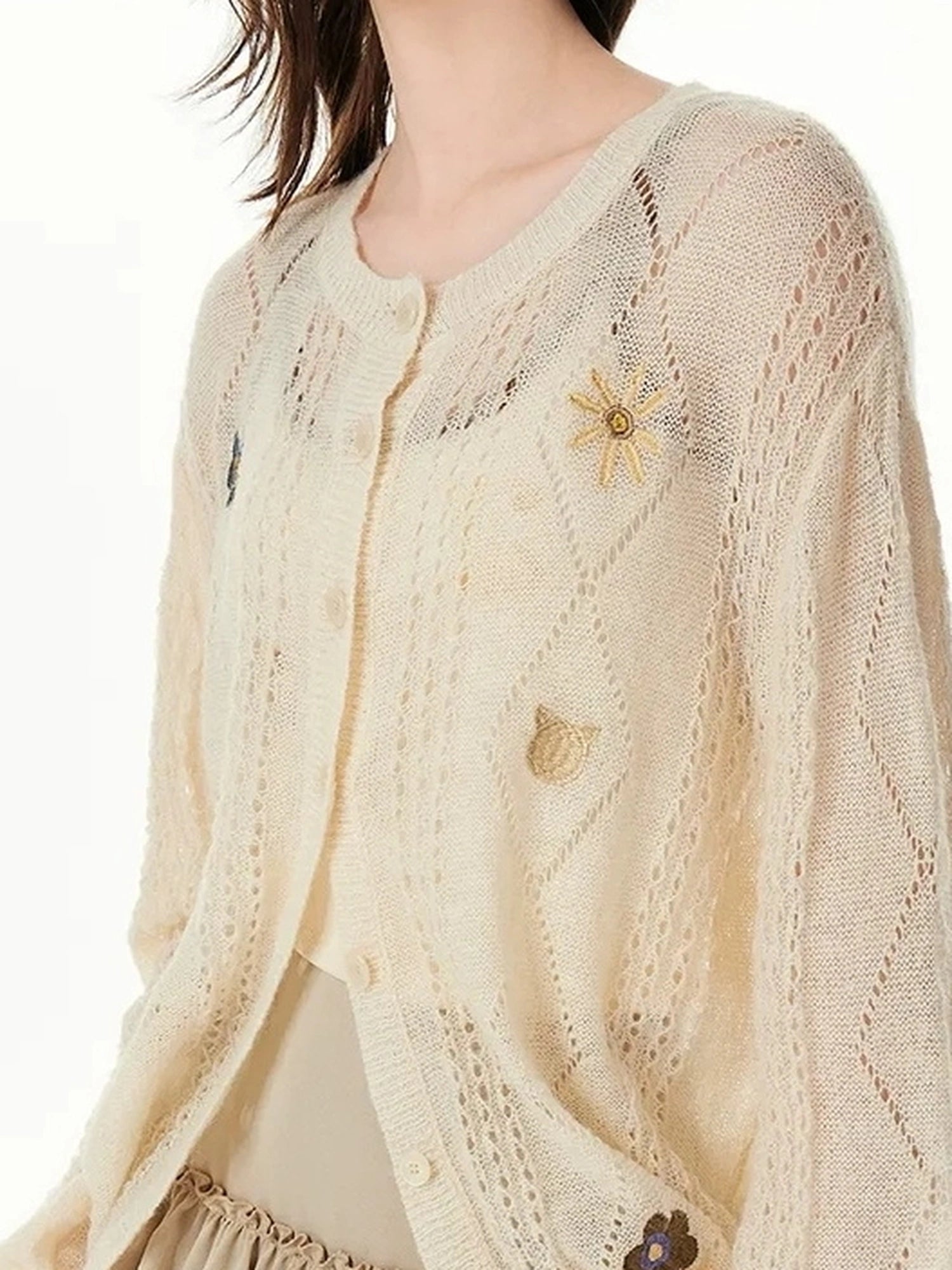 OuttheBlue Floral Embroidered Wool Cardigan V-neck Long Sleeve