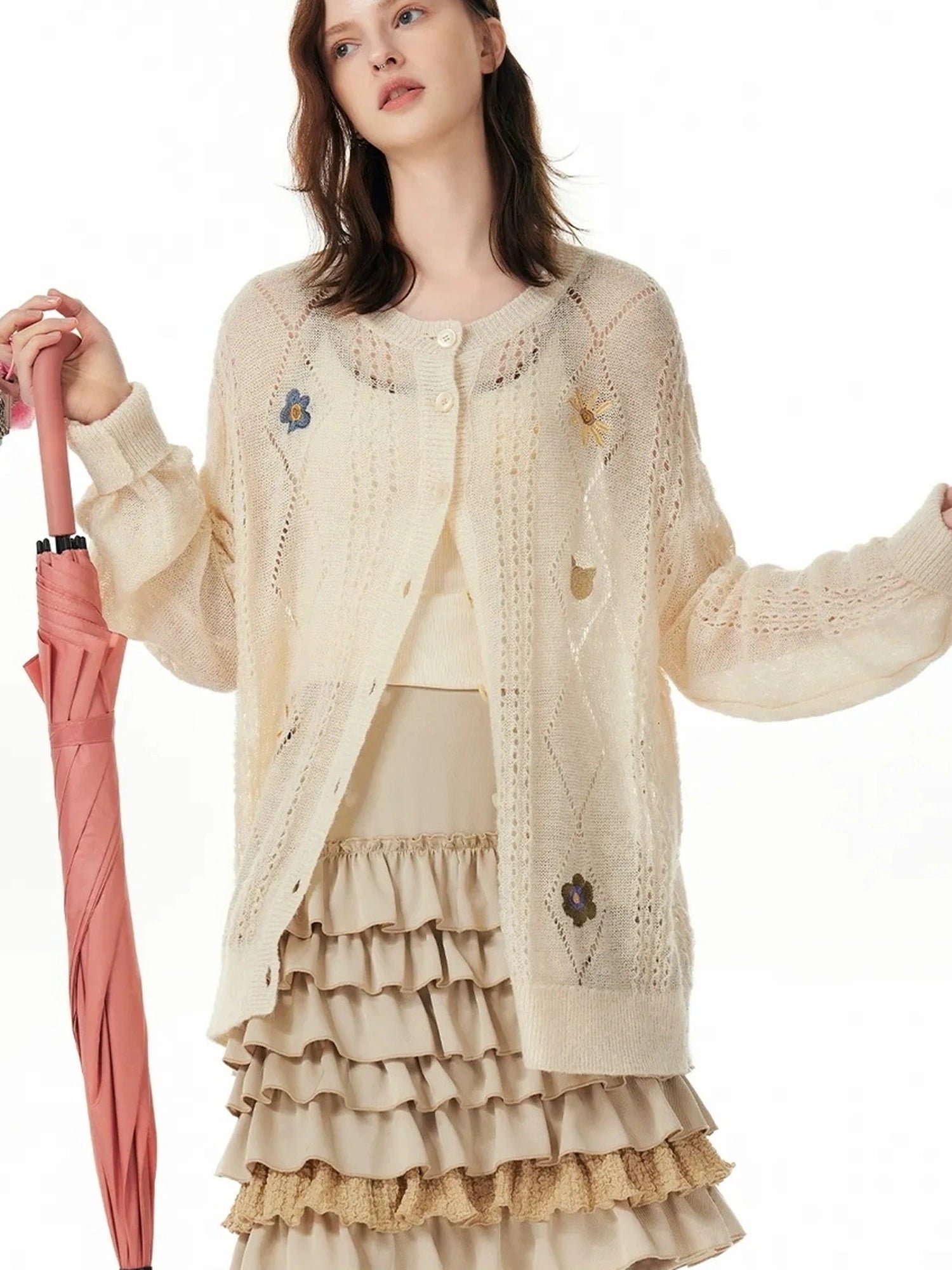 OuttheBlue Floral Embroidered Wool Cardigan V-neck Long Sleeve