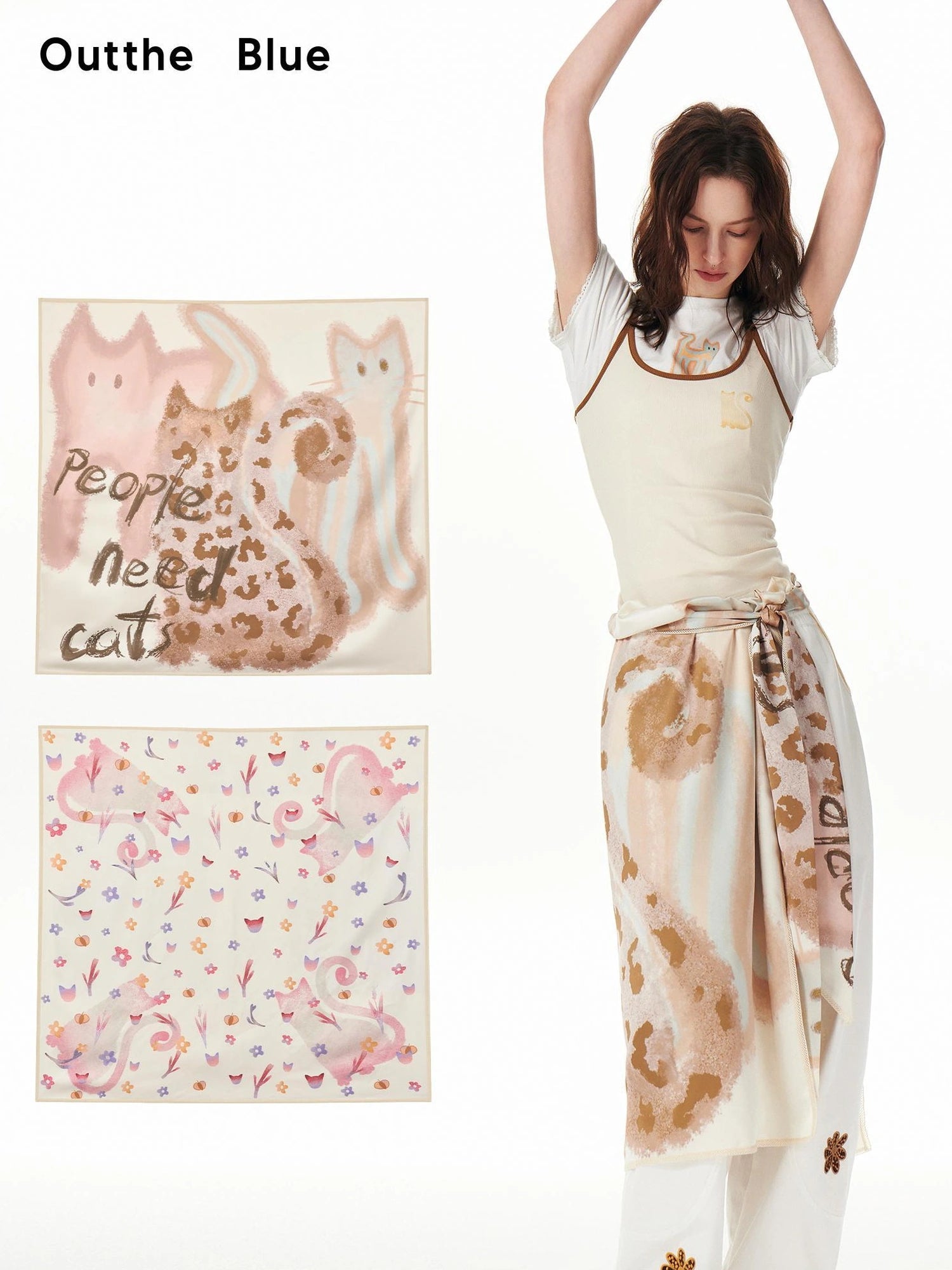 OuttheBlue Floral Lace Satin Scarf With Cat Print
