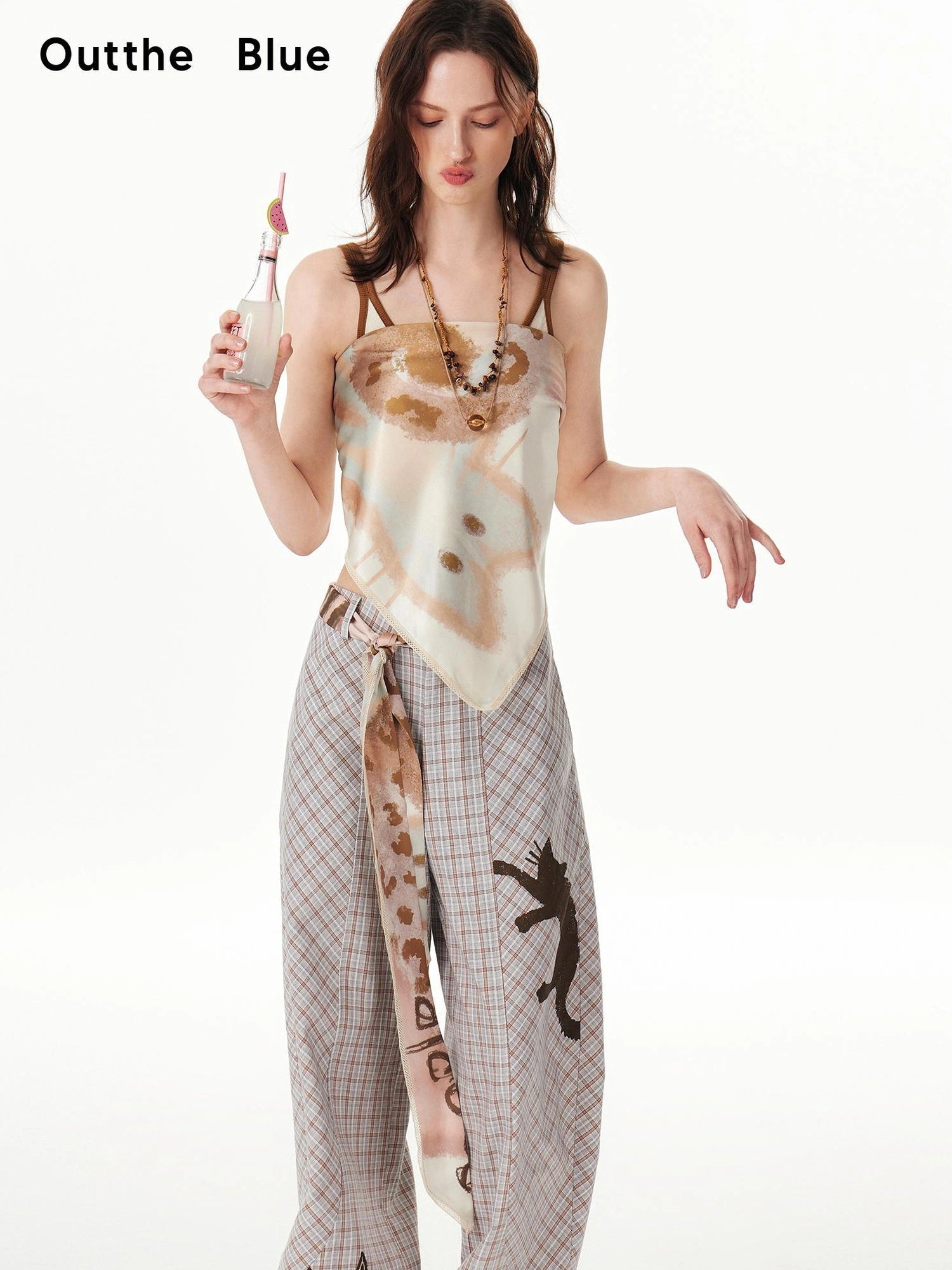 OuttheBlue Floral Lace Satin Scarf With Cat Print