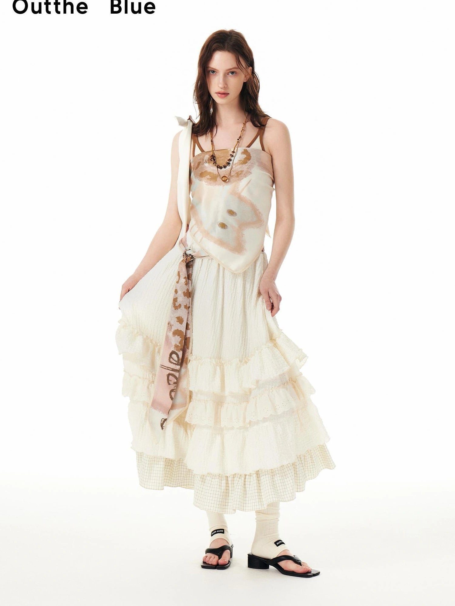 OuttheBlue Floral Lace Satin Scarf With Cat Print