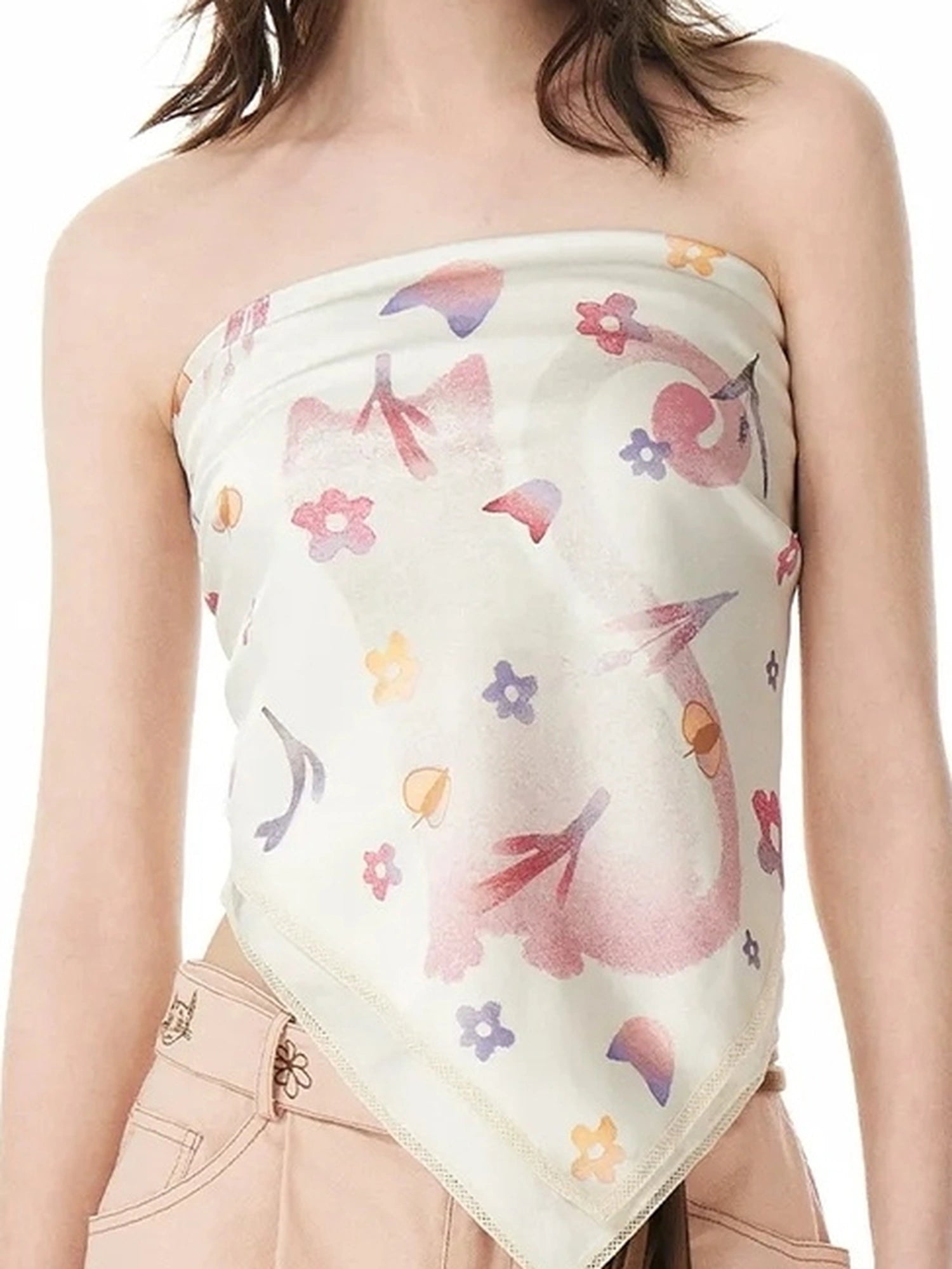 OuttheBlue Floral Lace Satin Scarf With Cat Print