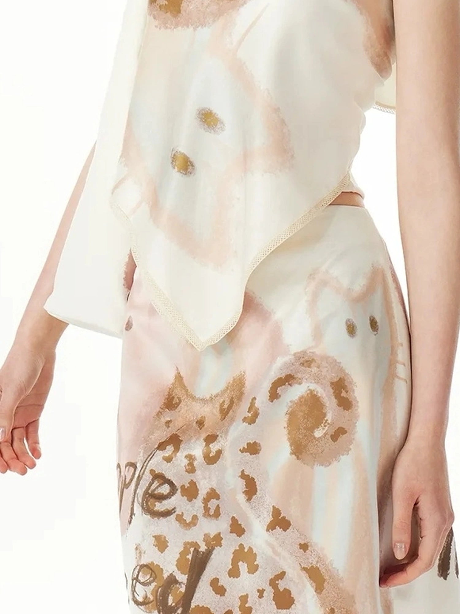 OuttheBlue Floral Lace Satin Scarf With Cat Print