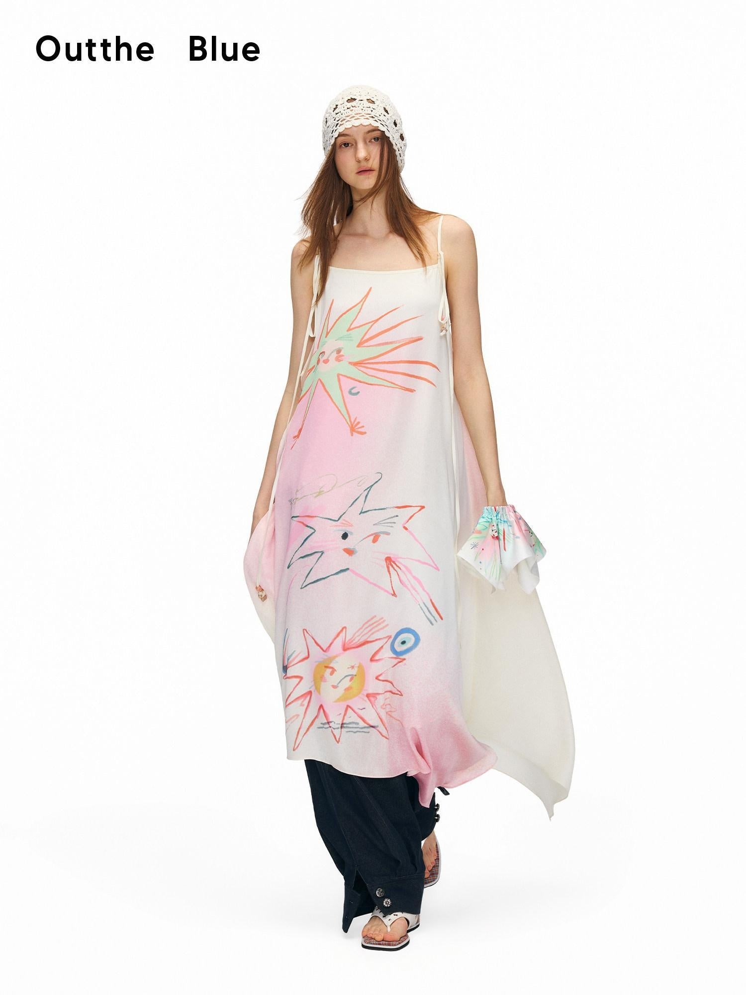 OuttheBlue Floral Print Loose Waist Aline Irregular Hem Pink Vacation Slip Midi Dresses