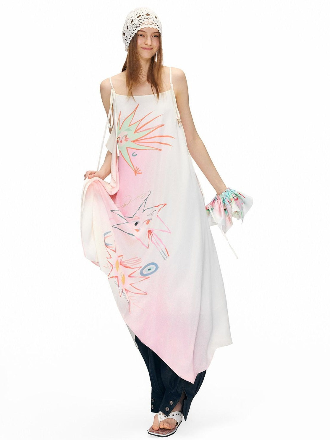 OuttheBlue Floral Print Loose Waist Aline Irregular Hem Pink Vacation Slip Midi Dresses