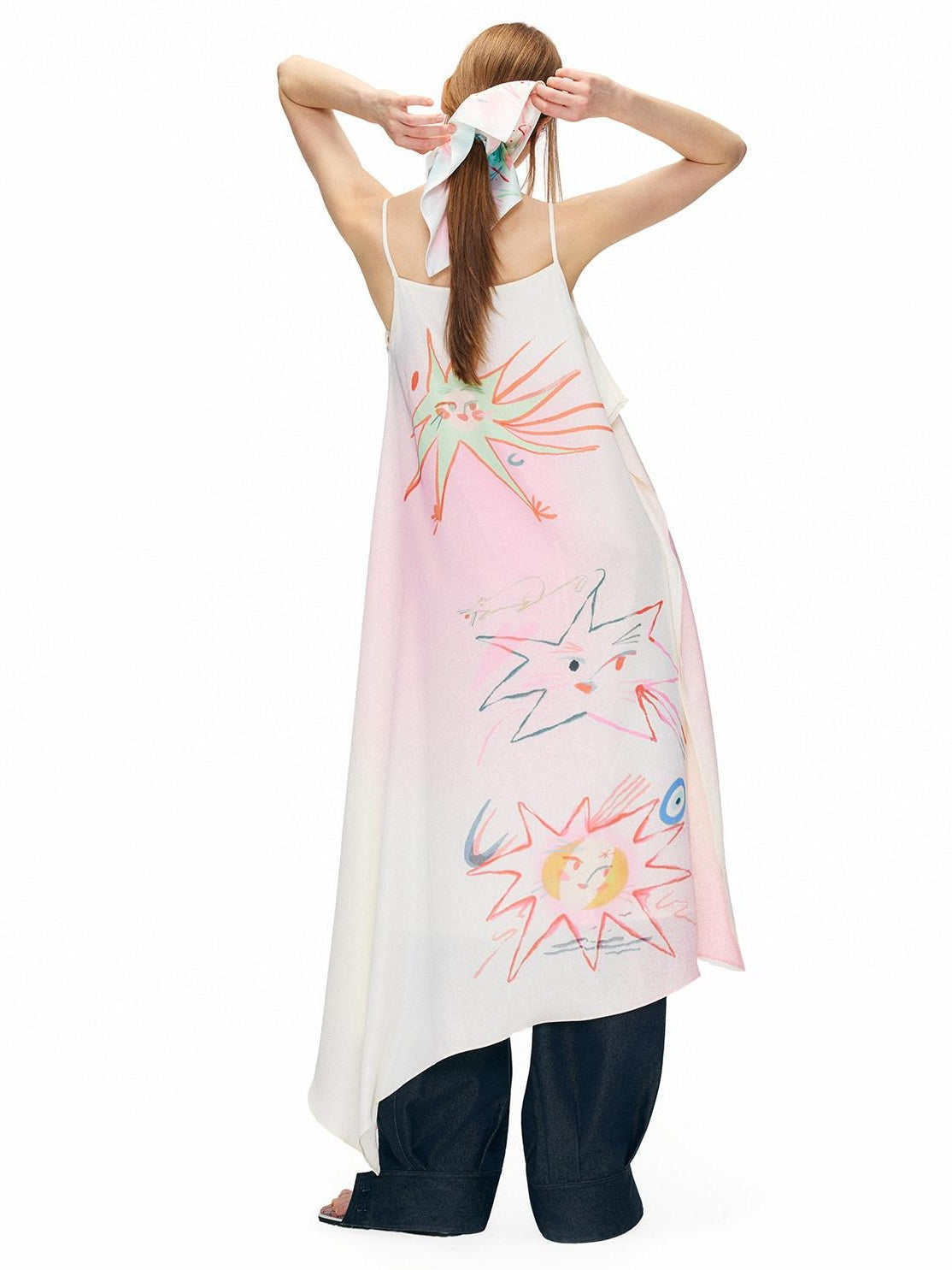 OuttheBlue Floral Print Loose Waist Aline Irregular Hem Pink Vacation Slip Midi Dresses
