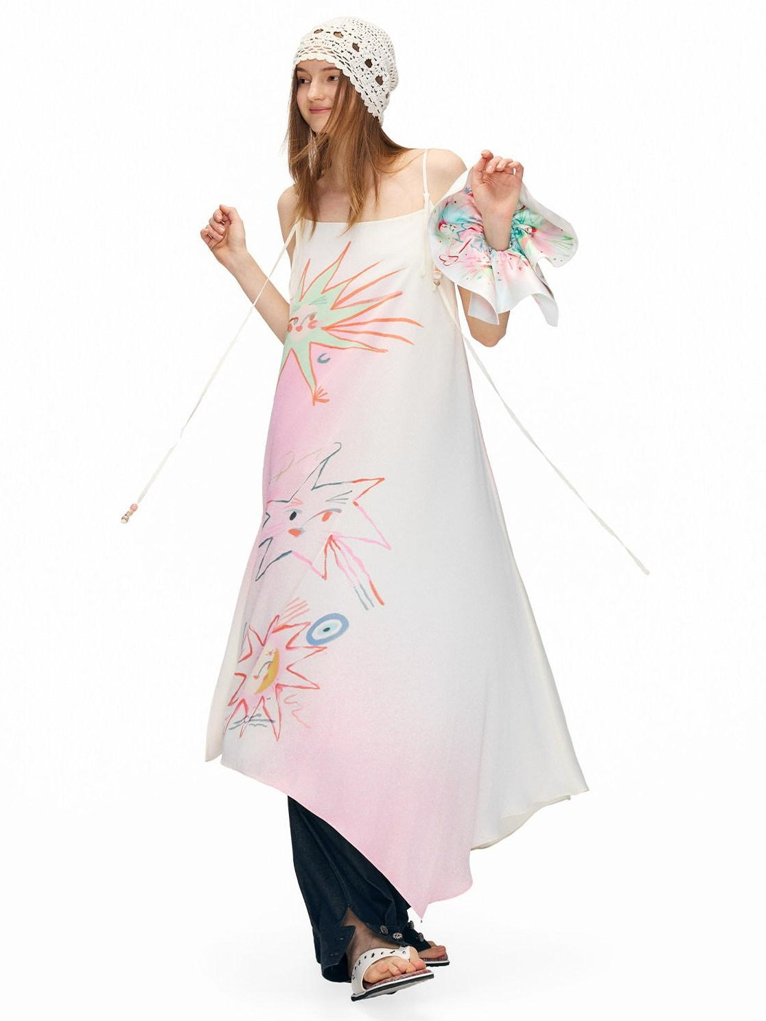 OuttheBlue Floral Print Loose Waist Aline Irregular Hem Pink Vacation Slip Midi Dresses