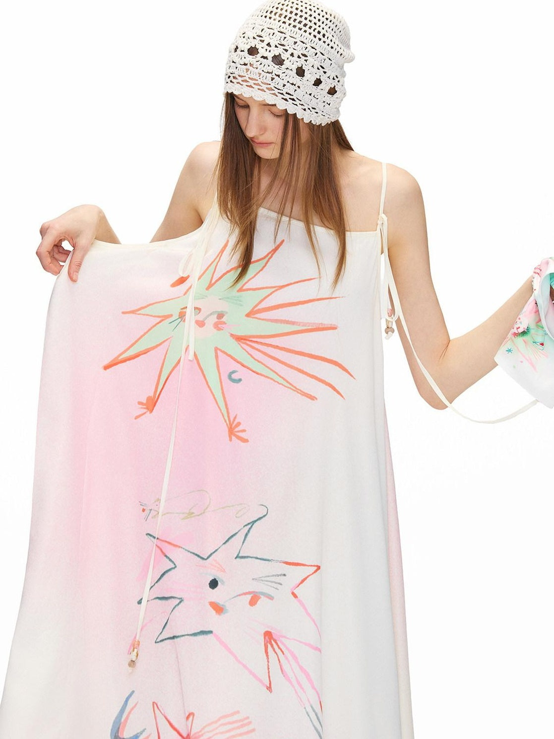 OuttheBlue Floral Print Loose Waist Aline Irregular Hem Pink Vacation Slip Midi Dresses